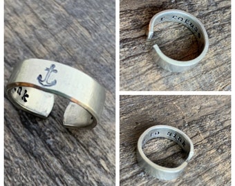 I Refuse to Sink Aluminum Hand Stamped Ring- Anchor With Hidden Message