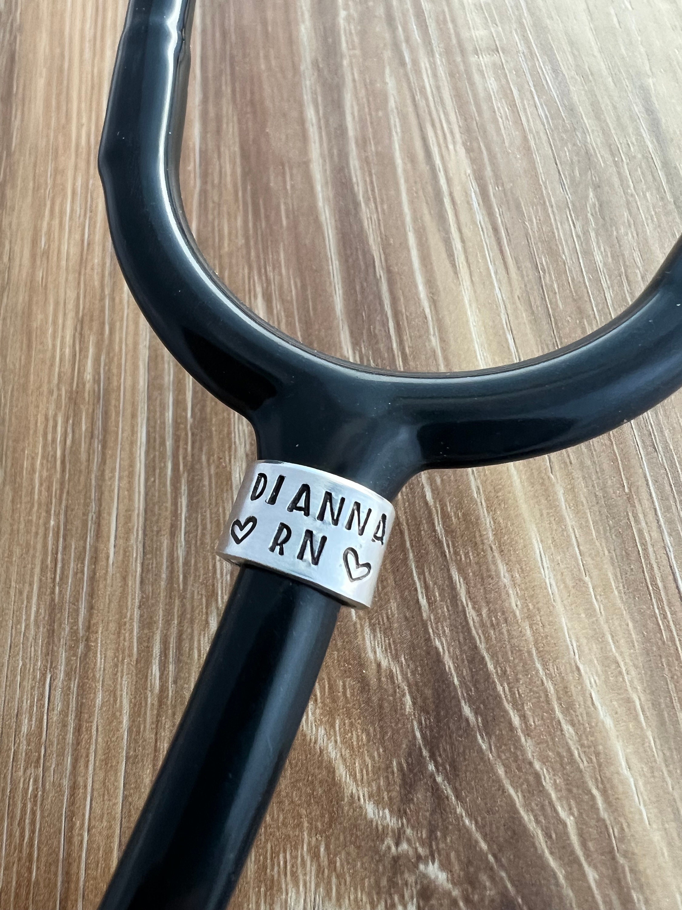 Hand Stamped Stethoscope ID Tag: Custom Name, Hearts, Aluminum Nurse Gift, view 2