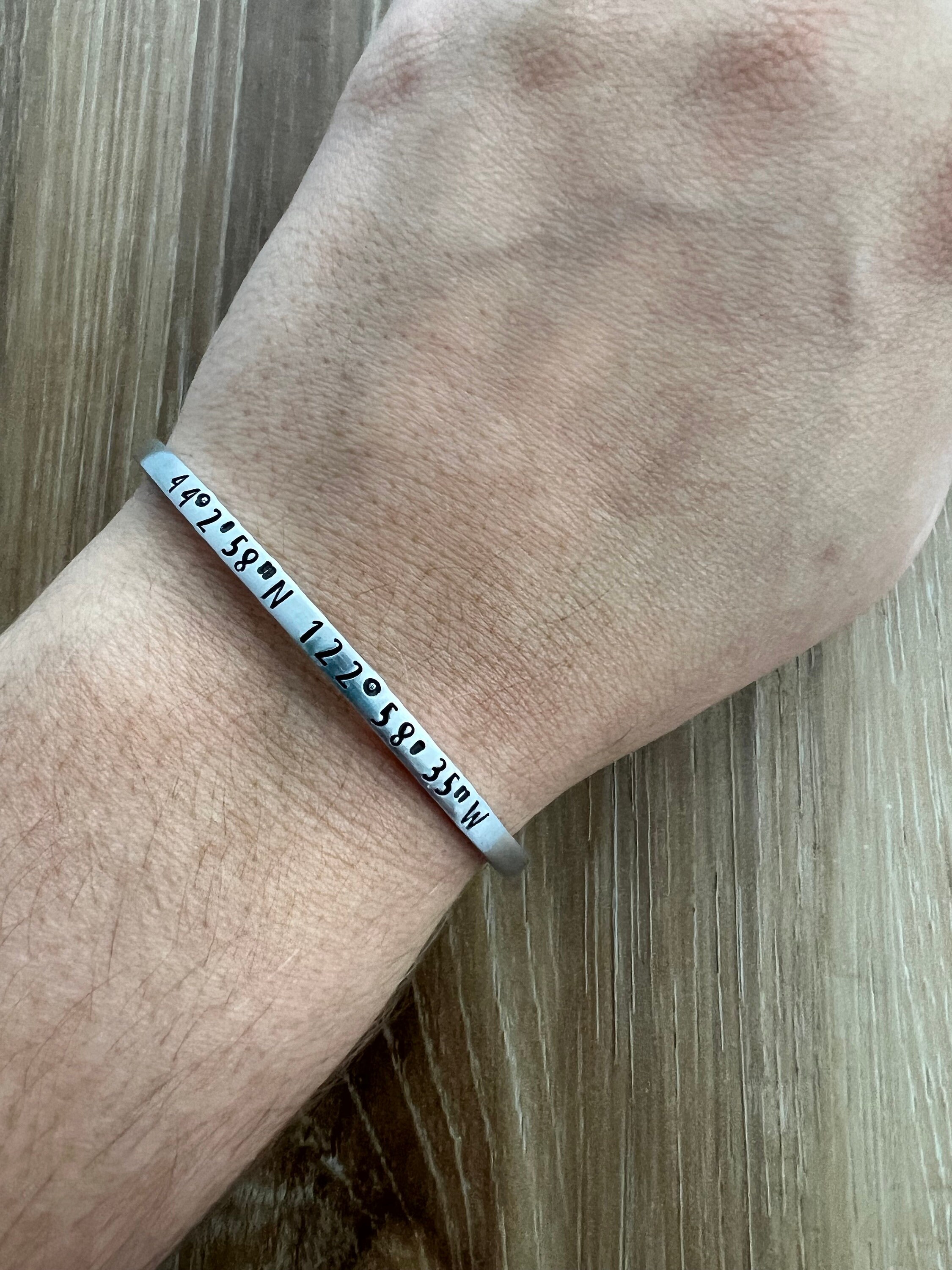 Custom Coordinates Hand Stamped Bracelet Aluminum Bangle- Skinny Minimalist Bracelet, view 4