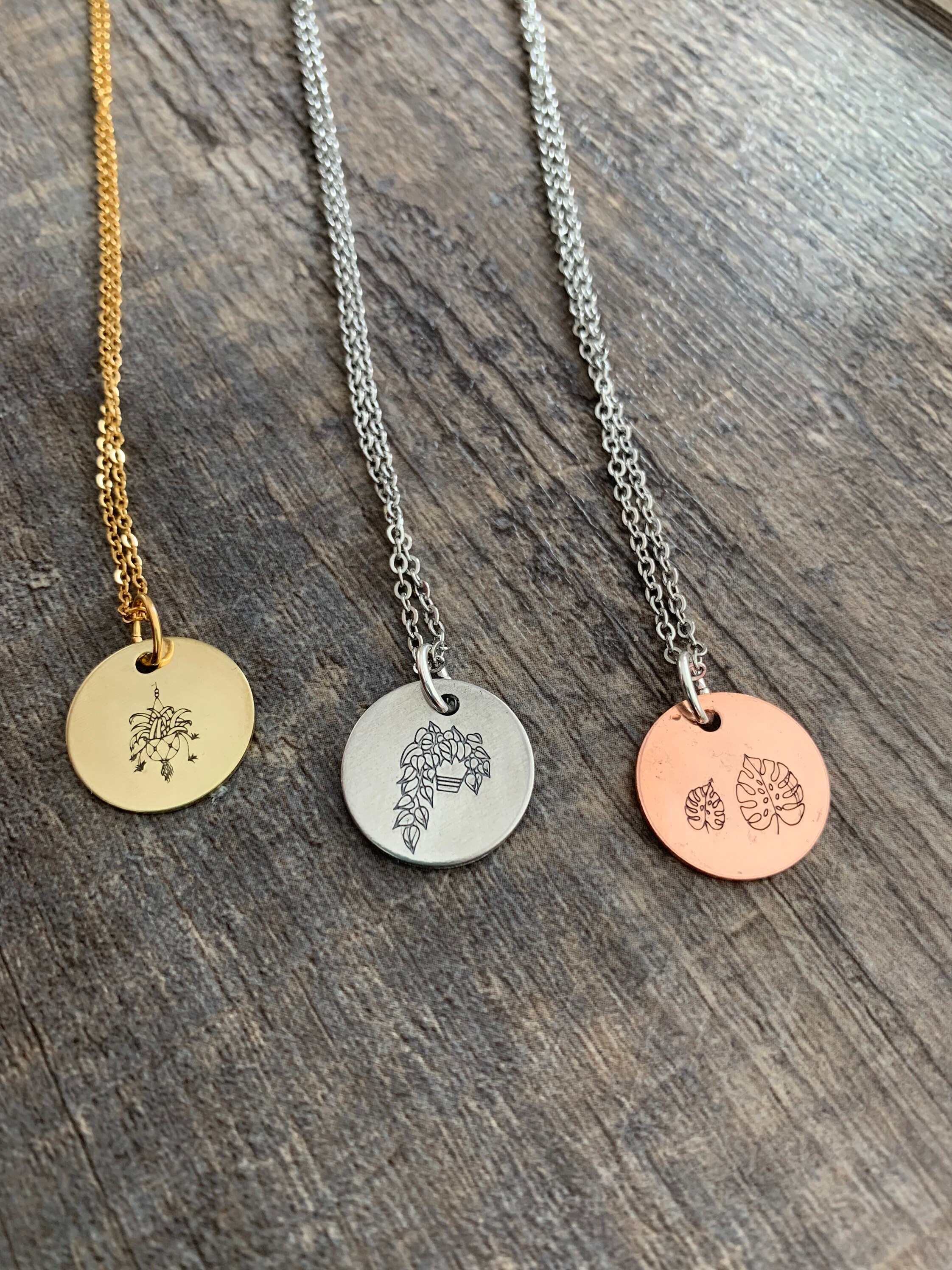 Hand Stamped Plant Necklace: Pothos, Monstera, Spider Plant Charm, view 3
