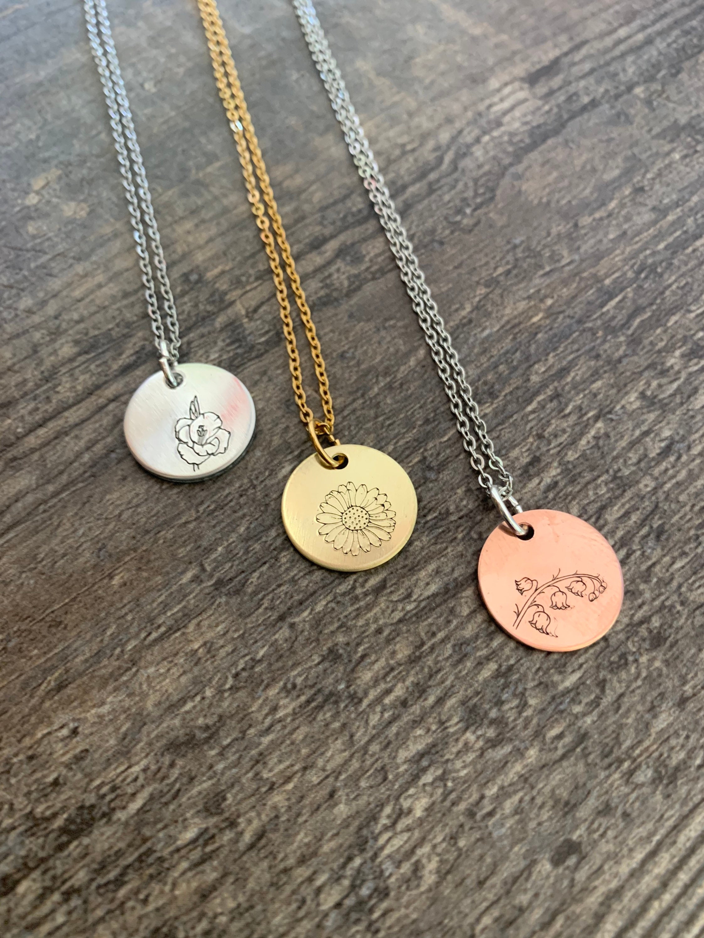 Birth Flower Necklace - Aluminum Brass or Copper Charms