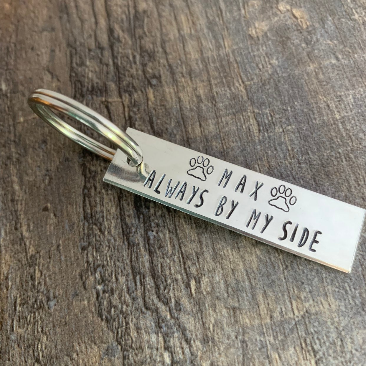 Custom Name  "Always By My Side" Hand Stamped Pet Memorial Keychain