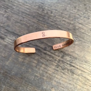 F- Cancer Hidden Message- Hand Stamped Cuff Awareness Ribbon Bracelet