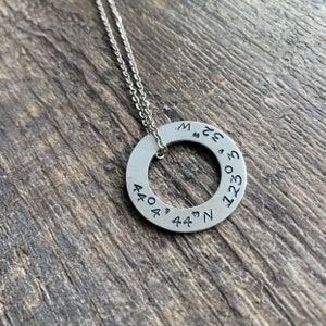 Custom Hand Stamped Coordinates Washer Necklace- Add Your Own Latitude Longitude/Coordinates- Choose Font, Chain, and Charm Metal