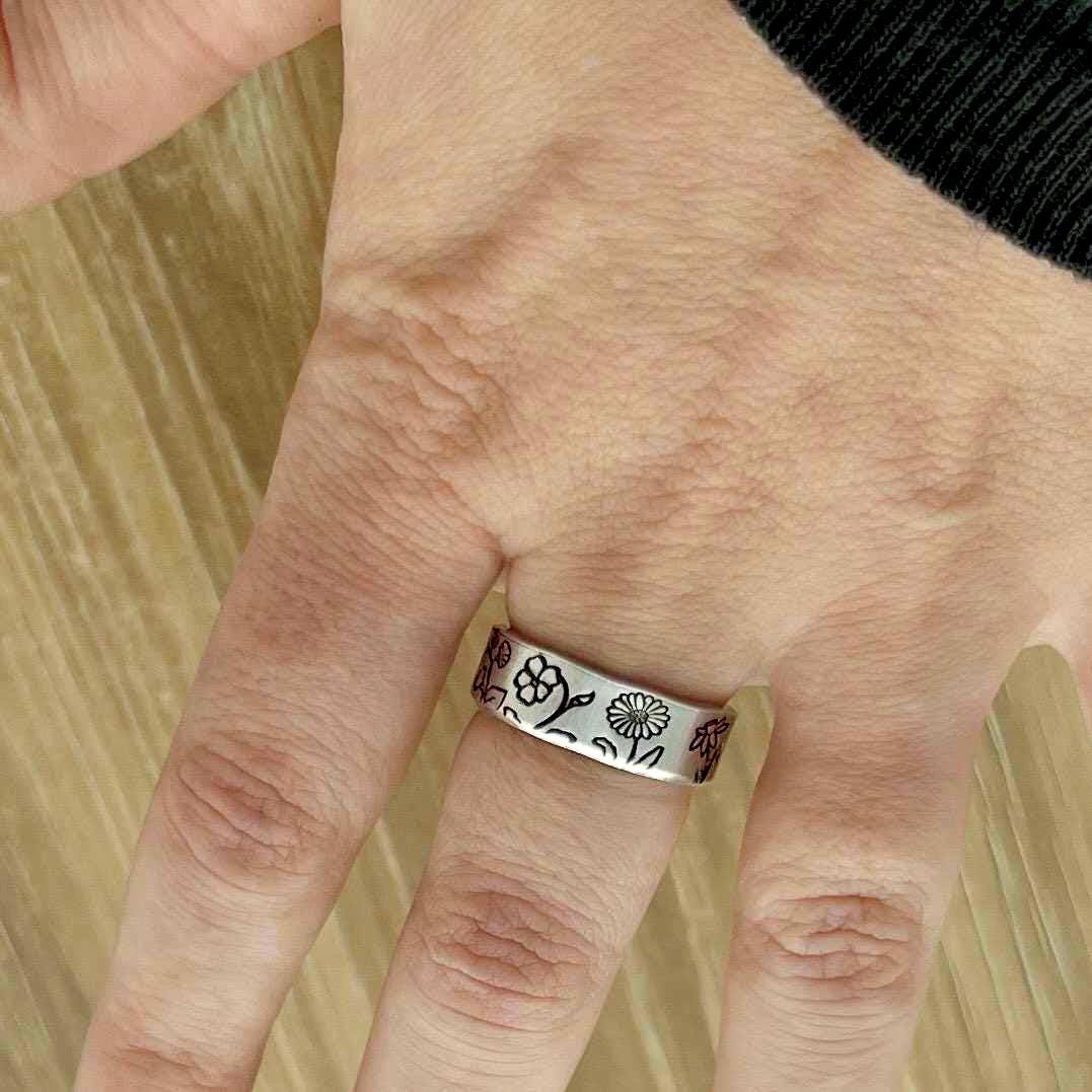 Multi Birth Flower Ring Hand Stamped Aluminum Ring- Family Grandma Mom Gift, view 5