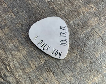 I Pick You Anniversary Date Hand Stamped Guitar Pick- Pick Your Own Font- In Brass, Copper, or Aluminum