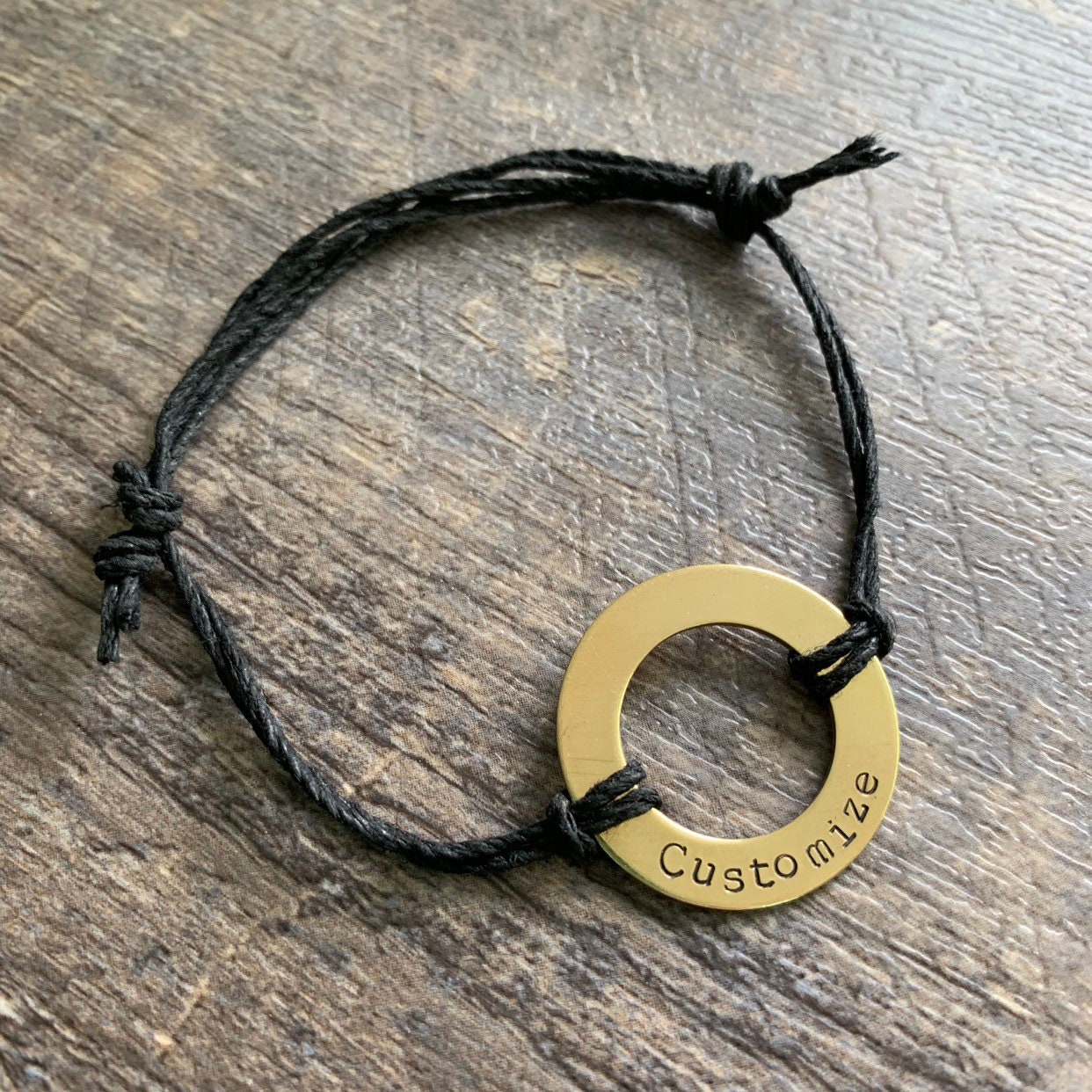 Custom Hand Stamped Brass Washer Hemp Bracelet- Choose Color and Font, view 2