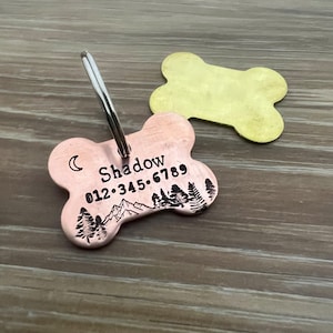 Custom Mountain and Forest Design Brass or Copper Dog Bone Pet ID Tag