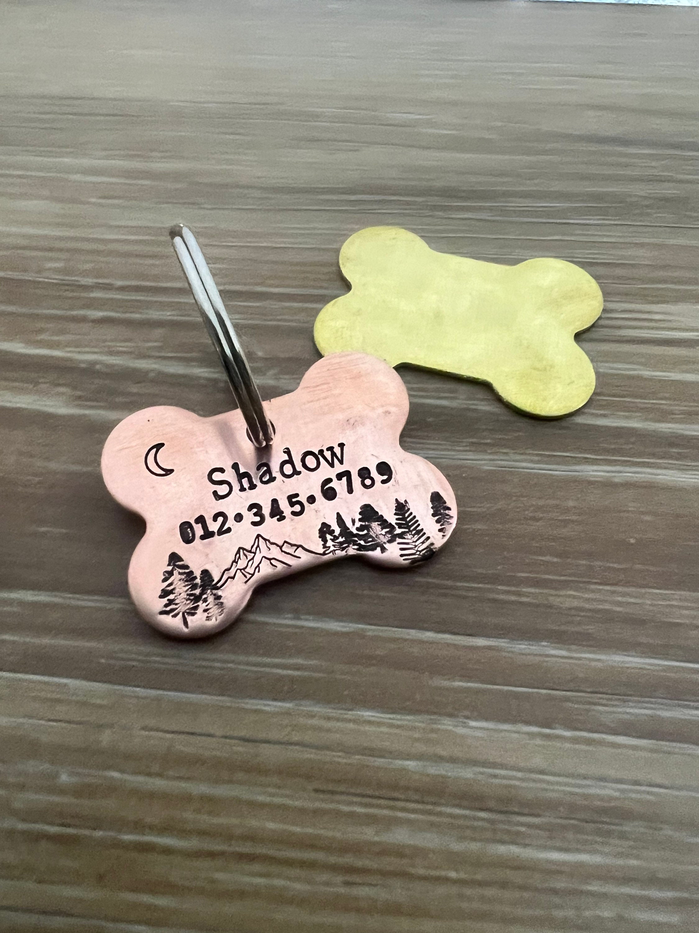 Custom Mountain and Forest Design Brass or Copper Dog Bone Pet ID Tag