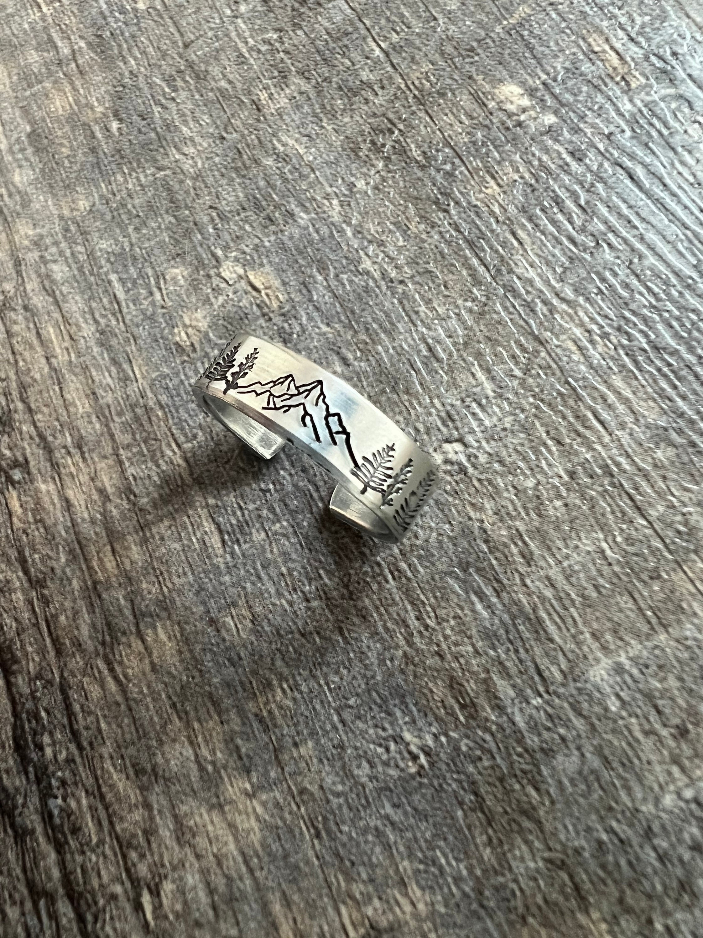 Mountain and Forest Ring- Hand Stamped Aluminum Ring