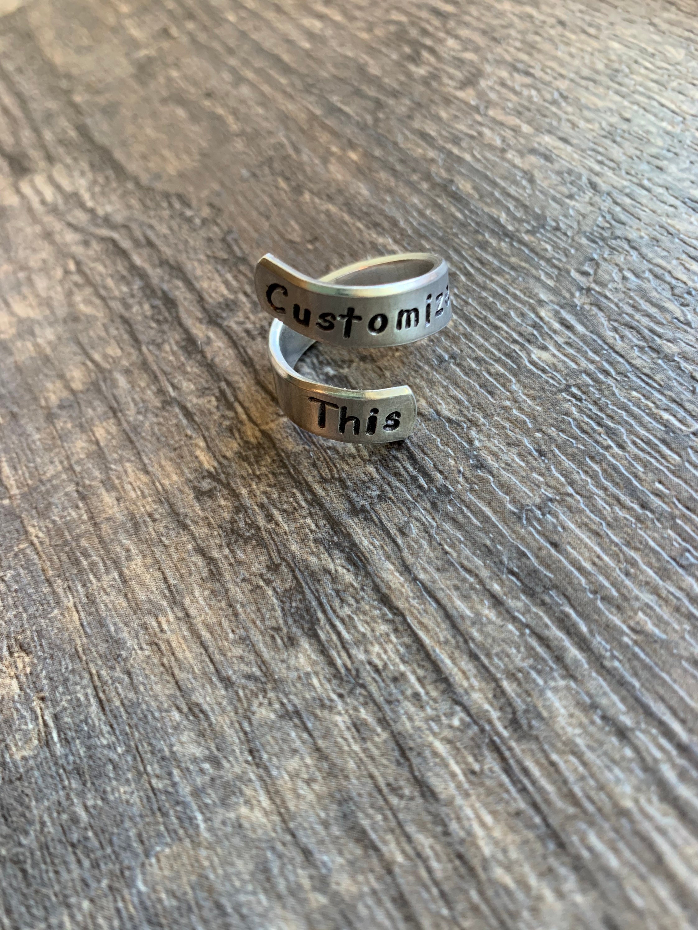 Custom Hand Stamped Aluminum Spiral Ring: Personalized Phrase, view 2
