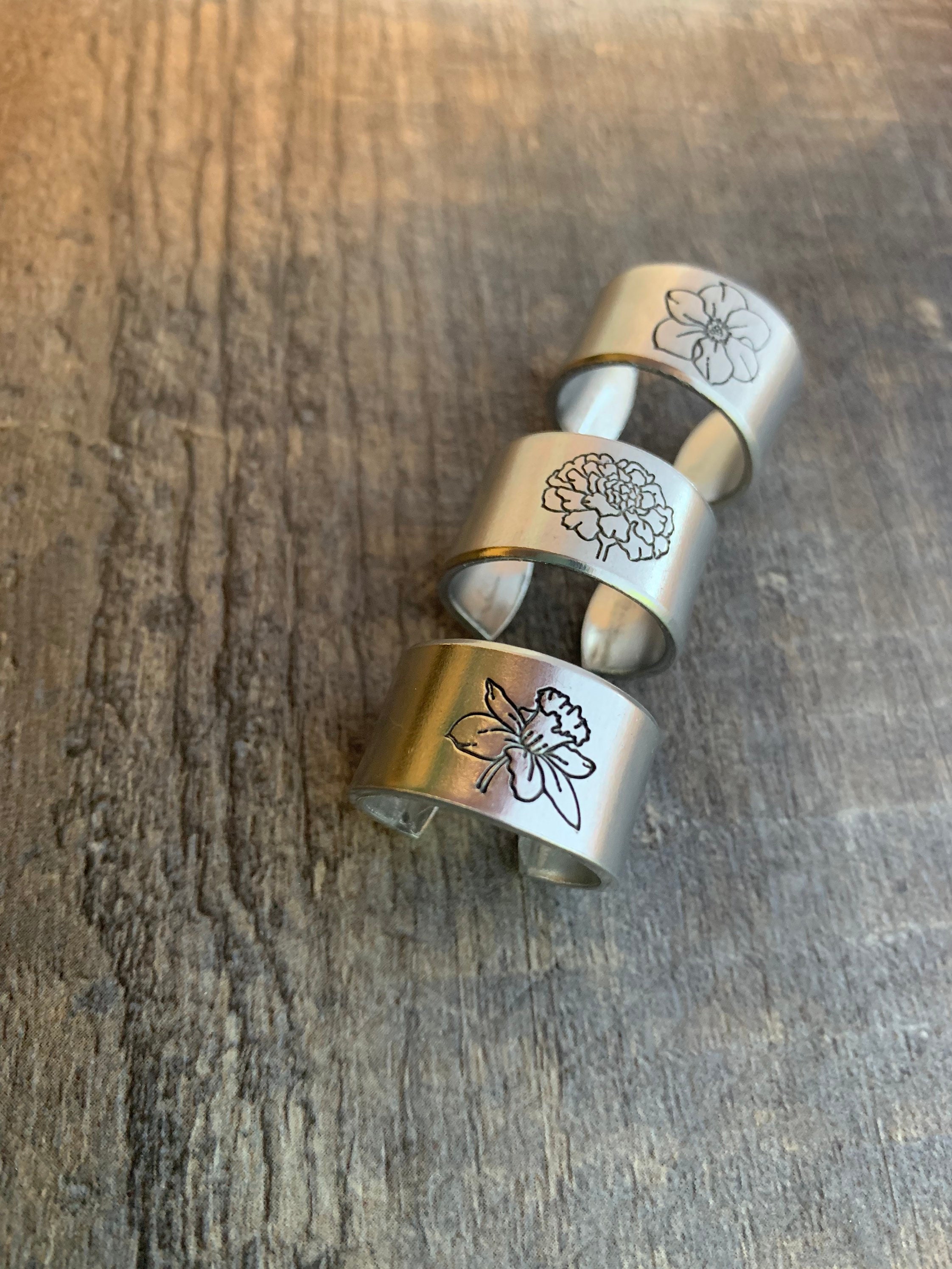 Birth Flower Hand Stamped Aluminum Ring, view 3
