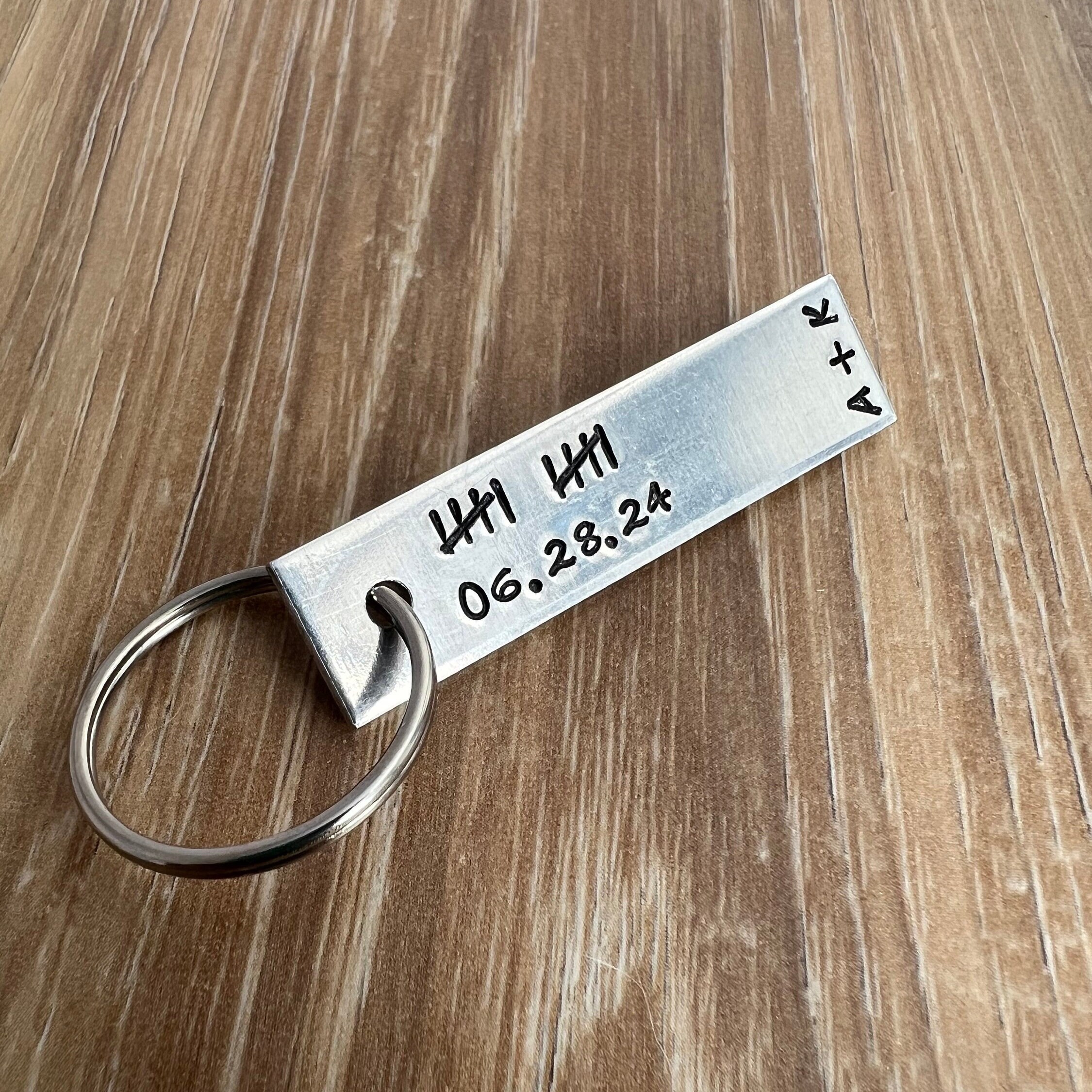 Hand Stamped Aluminum 10 Year Anniversary Keychain: Personalized Date & Initials, view 3