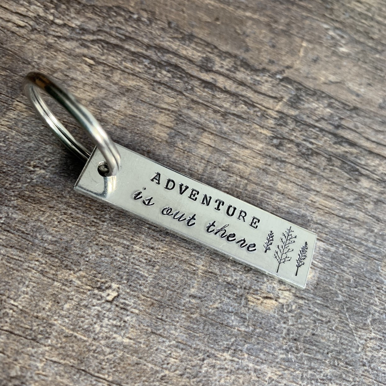 Hand Stamped Aluminum Keychain: Adventure Awaits, Traveler Gift
