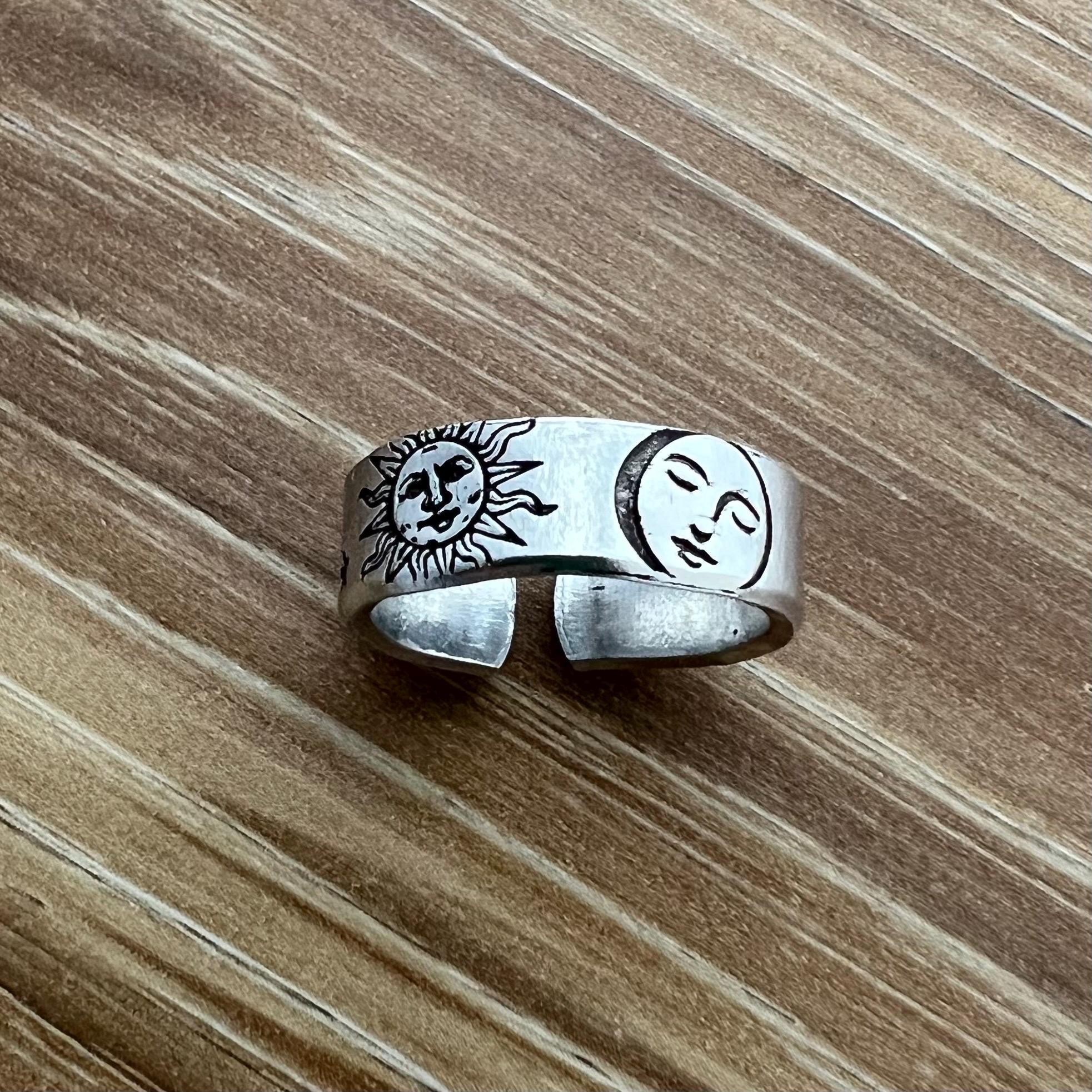 Sun and Moon Face Ring- Hand Stamped Aluminum Ring