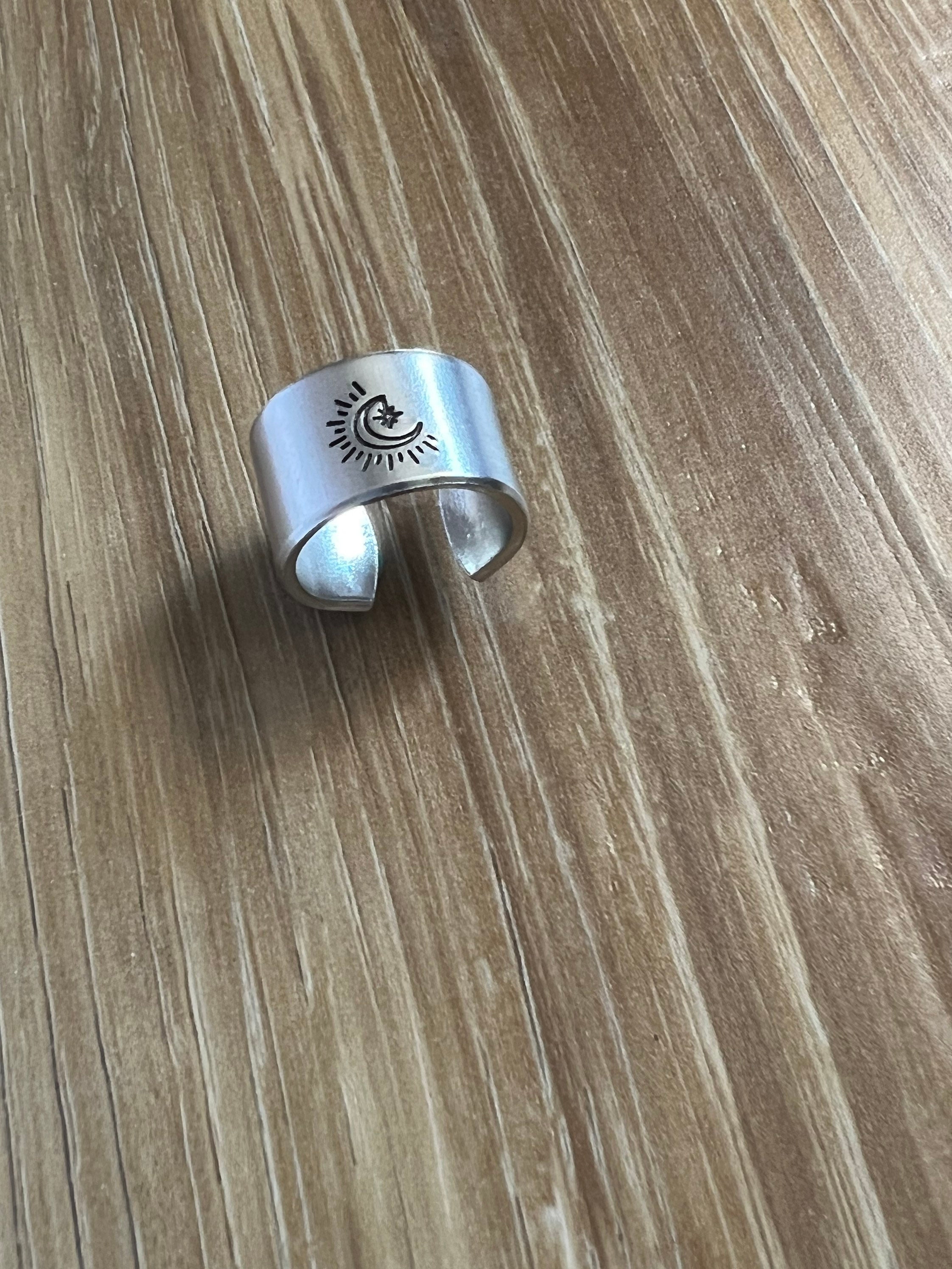 Moon and Star Hand-Stamped Aluminum Ring, view 3