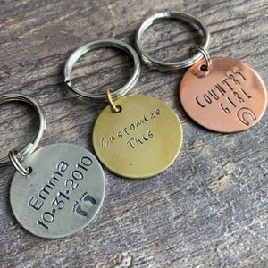Custom Hand Stamped 1&quot; Circle Keychains/Pet ID Tag- You Personalize- In Aluminum, Brass, or Copper