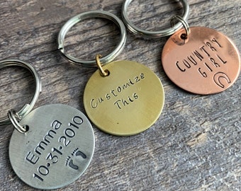Custom Hand Stamped 1" Circle Keychains/Pet ID Tag- You Personalize- In Aluminum, Brass, or Copper