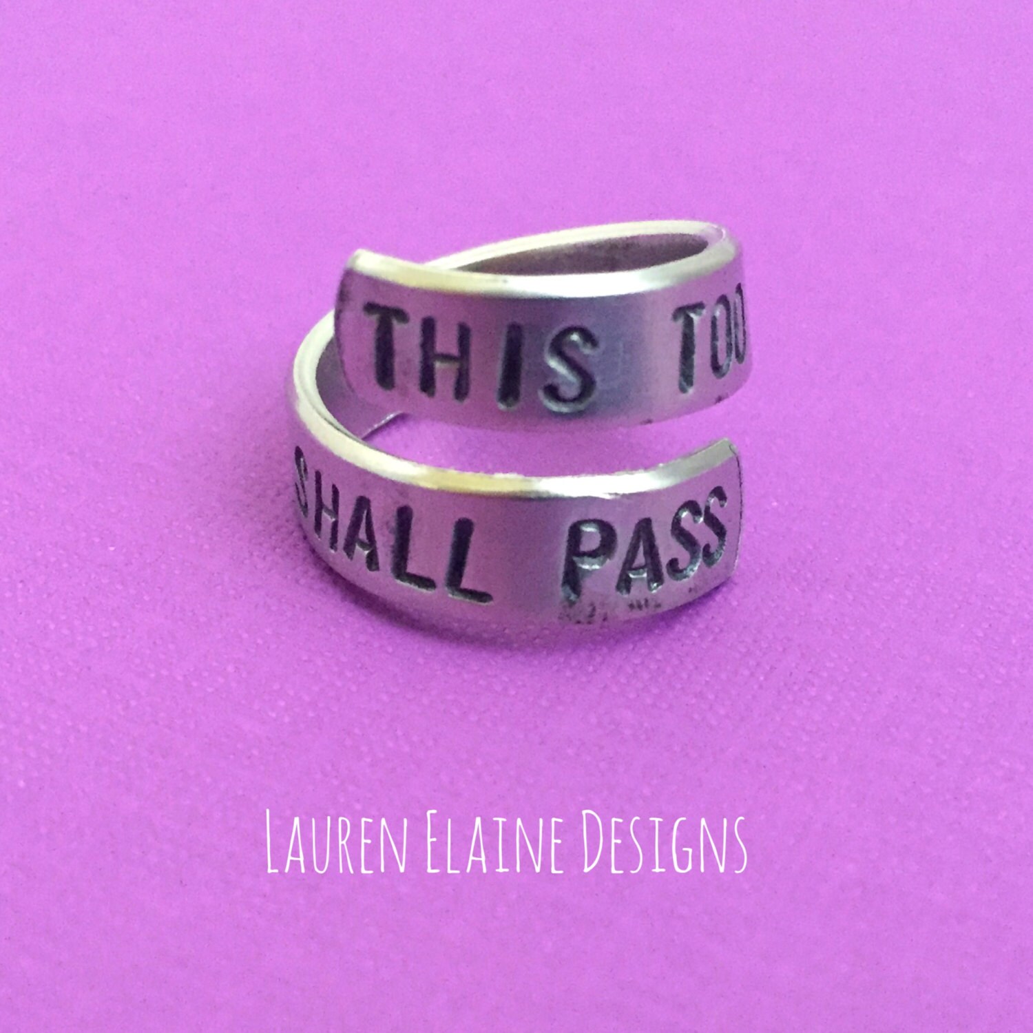 This Too Shall Pass- Hand Stamped Spiral Aluminum Ring- You Choose the Font, view 2