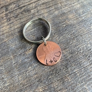 Hand Stamped Lucky Penny Keychain- Anniversary Gift- Choose the Year and Add Initials
