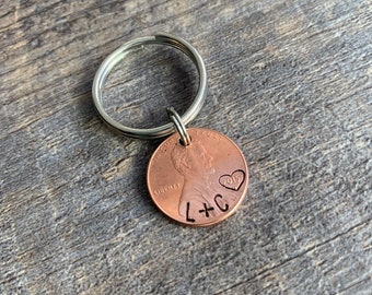 Hand Stamped Lucky Penny Keychain- Anniversary Gift- Choose the Year and Add Initials