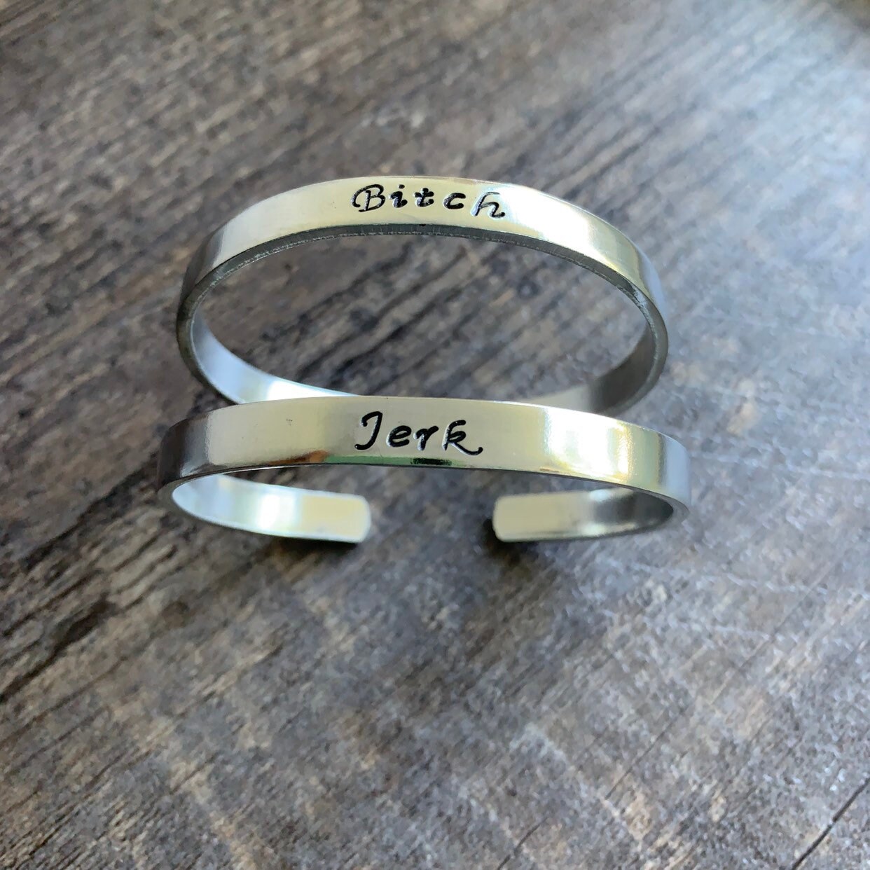 Bitch Jerk -Custom Hand Stamped Bracelet Set- You Choose the Font, view 2