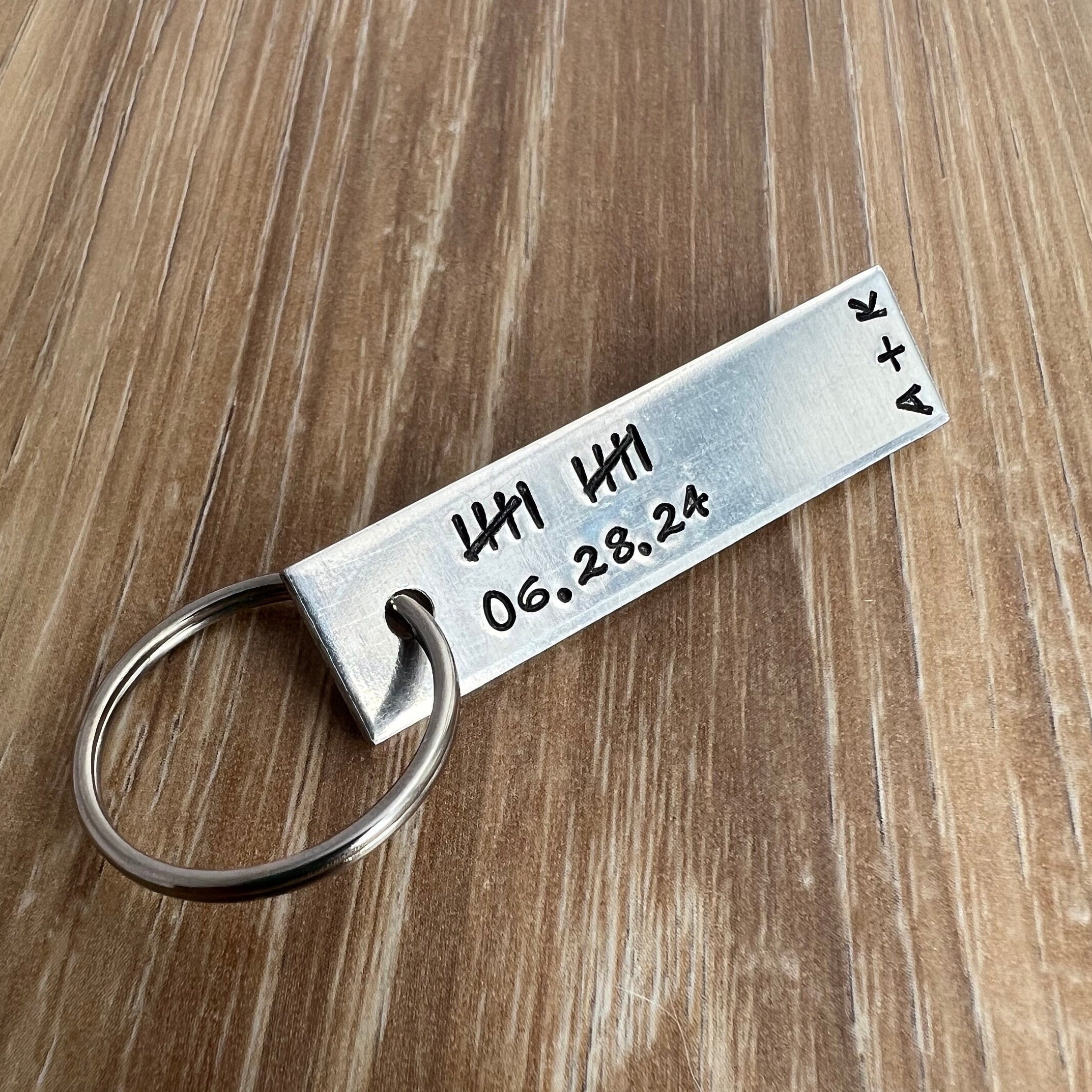 Hand Stamped Aluminum 10 Year Anniversary Keychain: Personalized Date & Initials, view 4