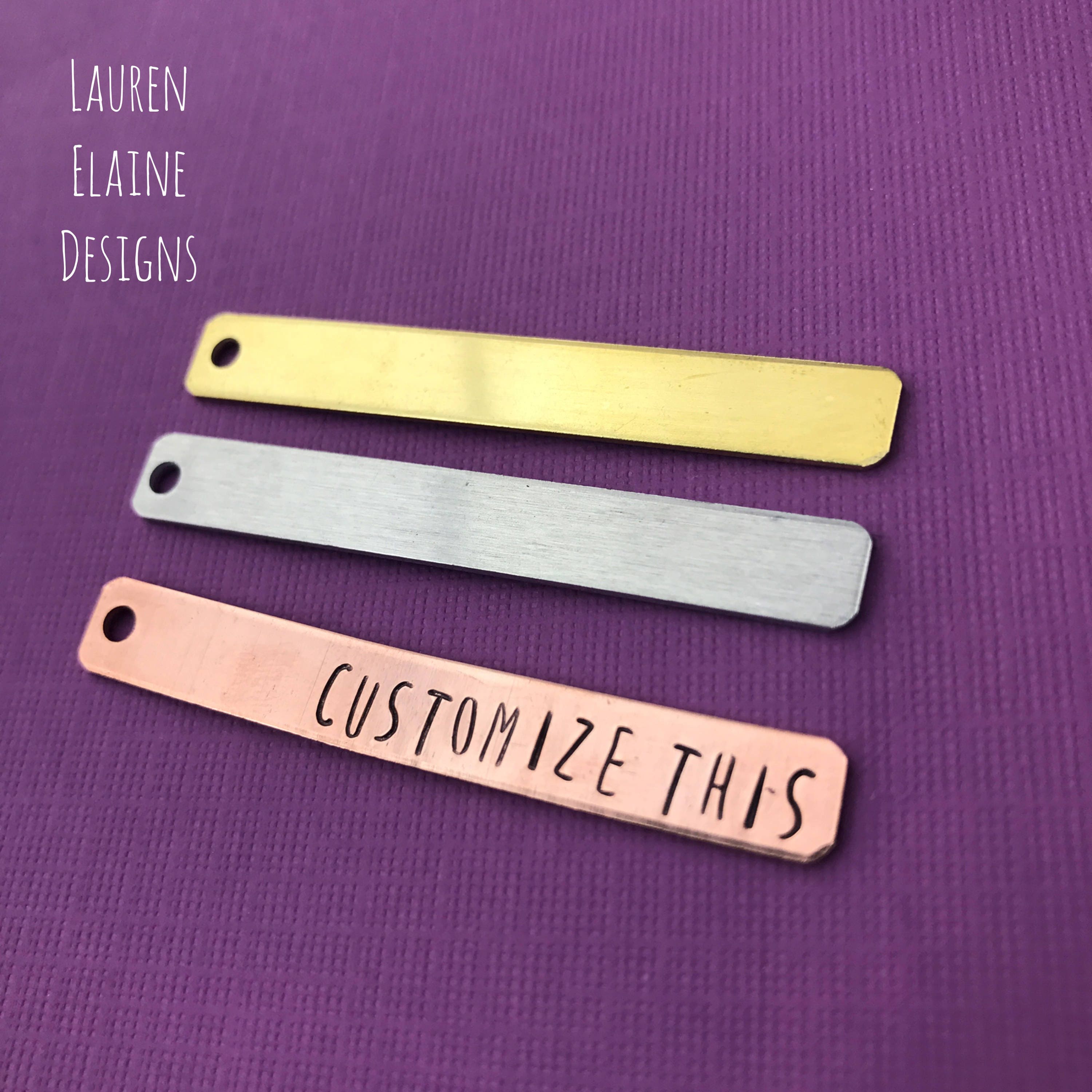 Custom Hand Stamped Charm: Brass, Aluminum, or Copper Tag (2" x 1/4"), view 2