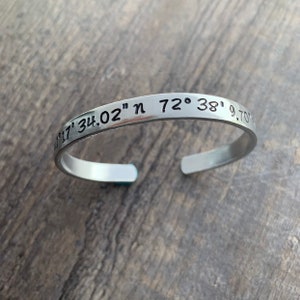 GPS Coordinates Hand Stamped Cuff Bracelet- In Aluminum, Copper, Brass, Sterling Silver