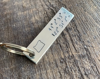 Custom Hand Stamped State Coordinate Latitude, Longitude Keychain- Personalize with Your Own GPS Coordinates, and Font Choice