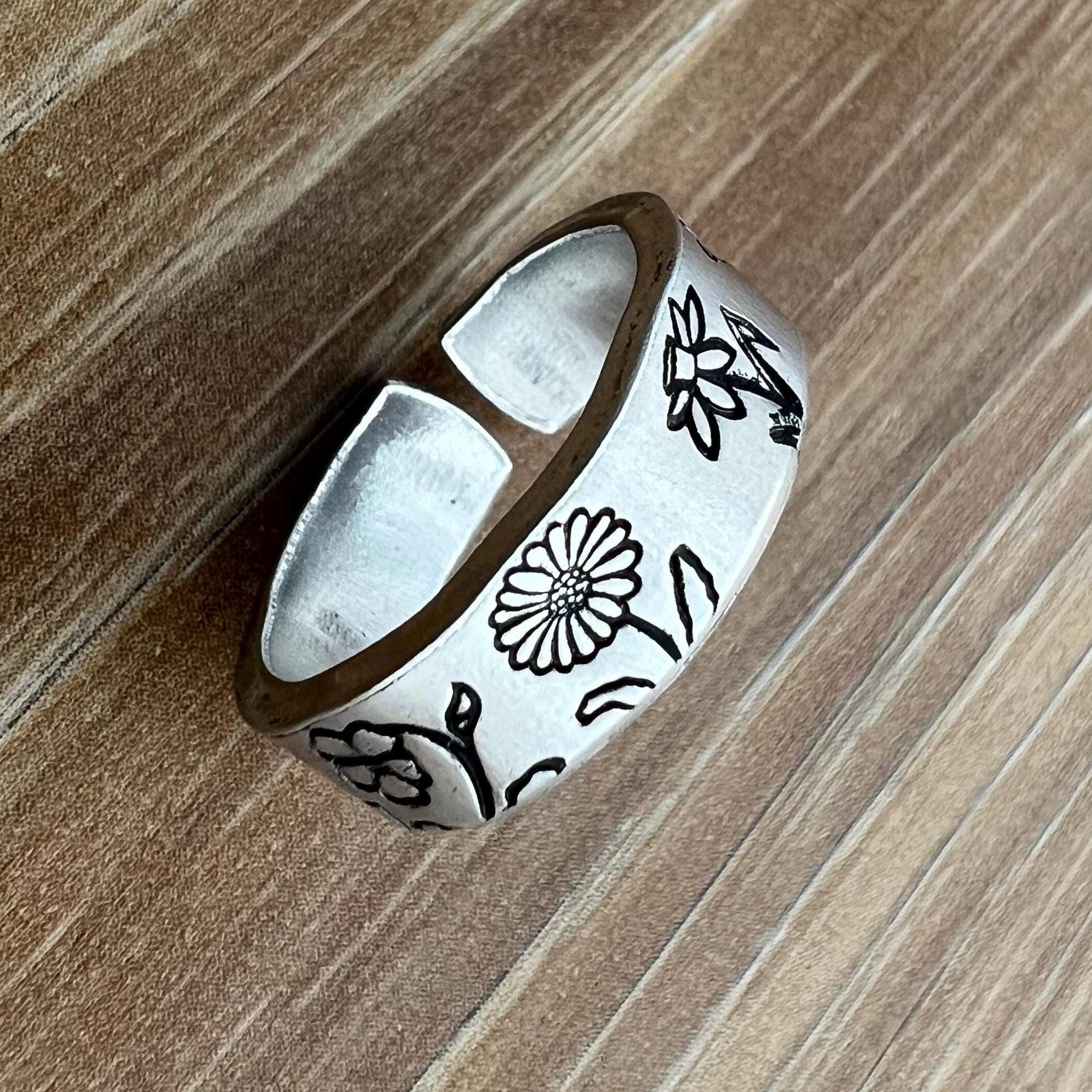 Multi Birth Flower Ring Hand Stamped Aluminum Ring- Family Grandma Mom Gift, view 2