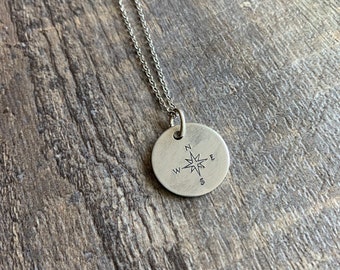 Compass Rose Necklace- Hand Stamped Copper, Brass, or Aluminum Charm- You Choose Chain- Travel, Traveler, Wanderlust Necklace