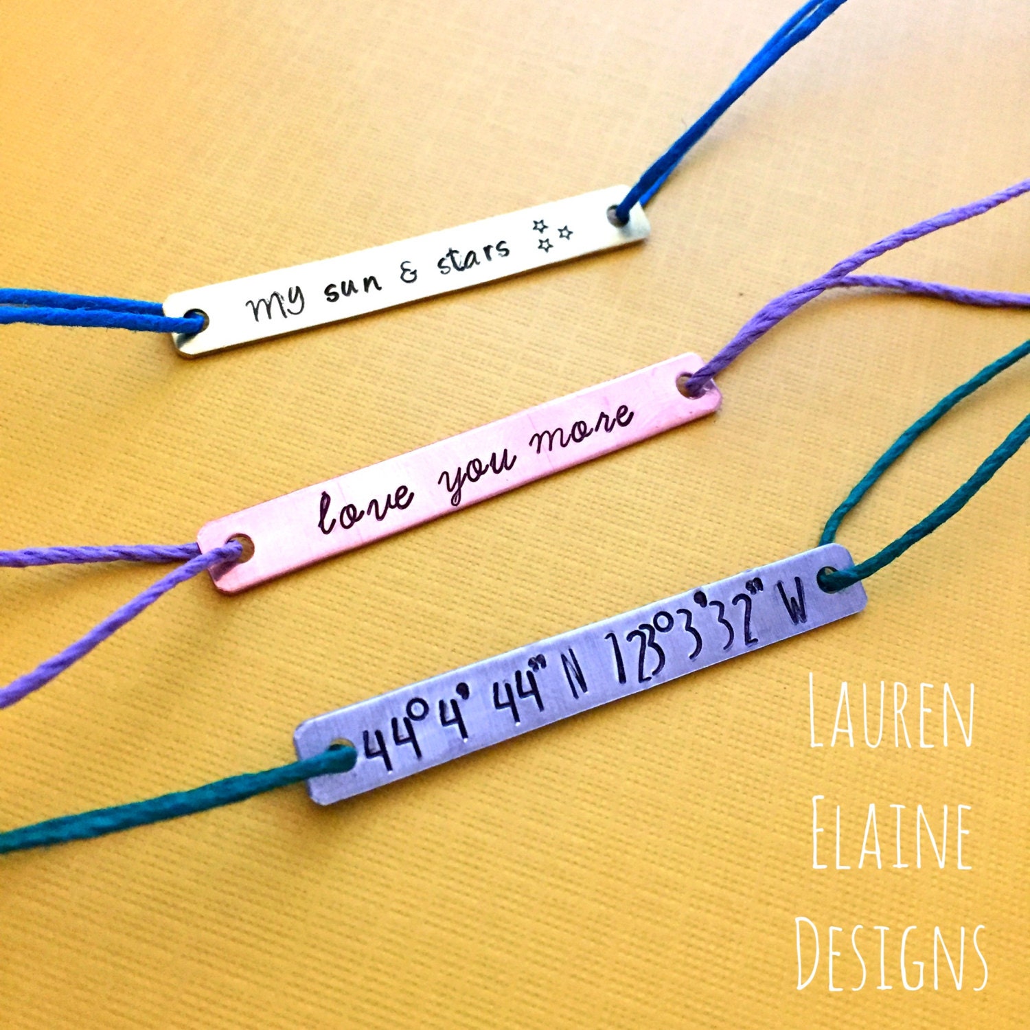 Custom Hand Stamped Rectangle Charm Hemp Bracelet- (Pick your own Metal, Color, and Phrase), view 3