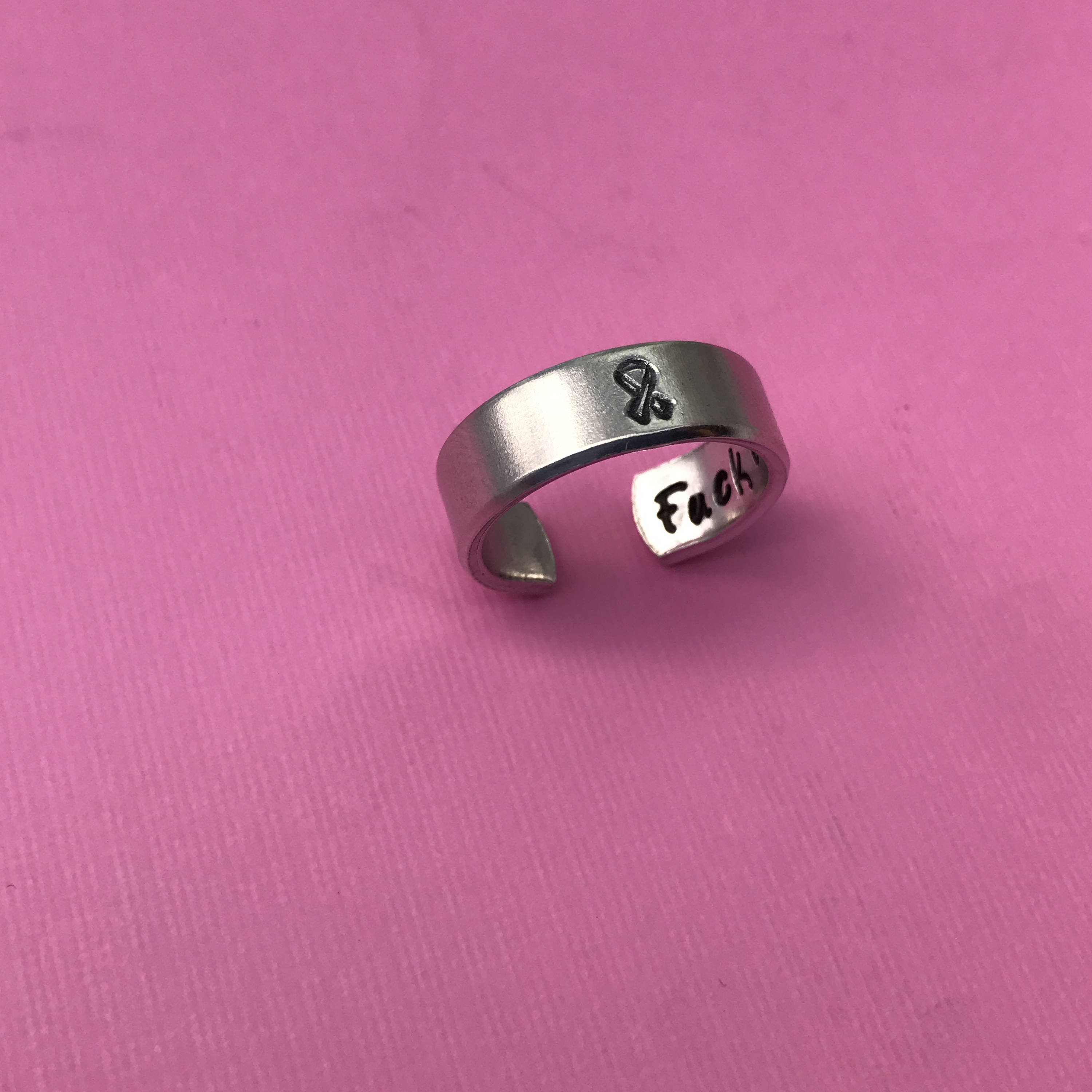 F-ck Cancer Ring- Awareness Ribbon- Hand Stamped Aluminum Ring- You Choose the Font, view 5