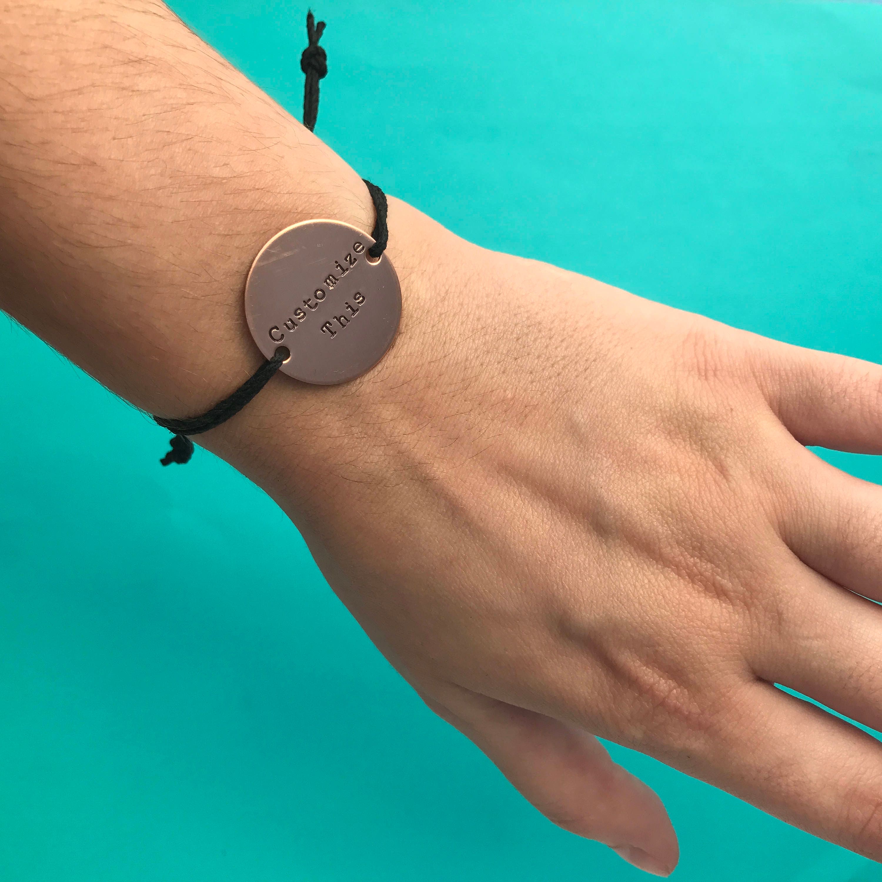 Custom Hand Stamped Copper Circle Charm Hemp Bracelet (Pick your Phrase, Font, and Color), view 3
