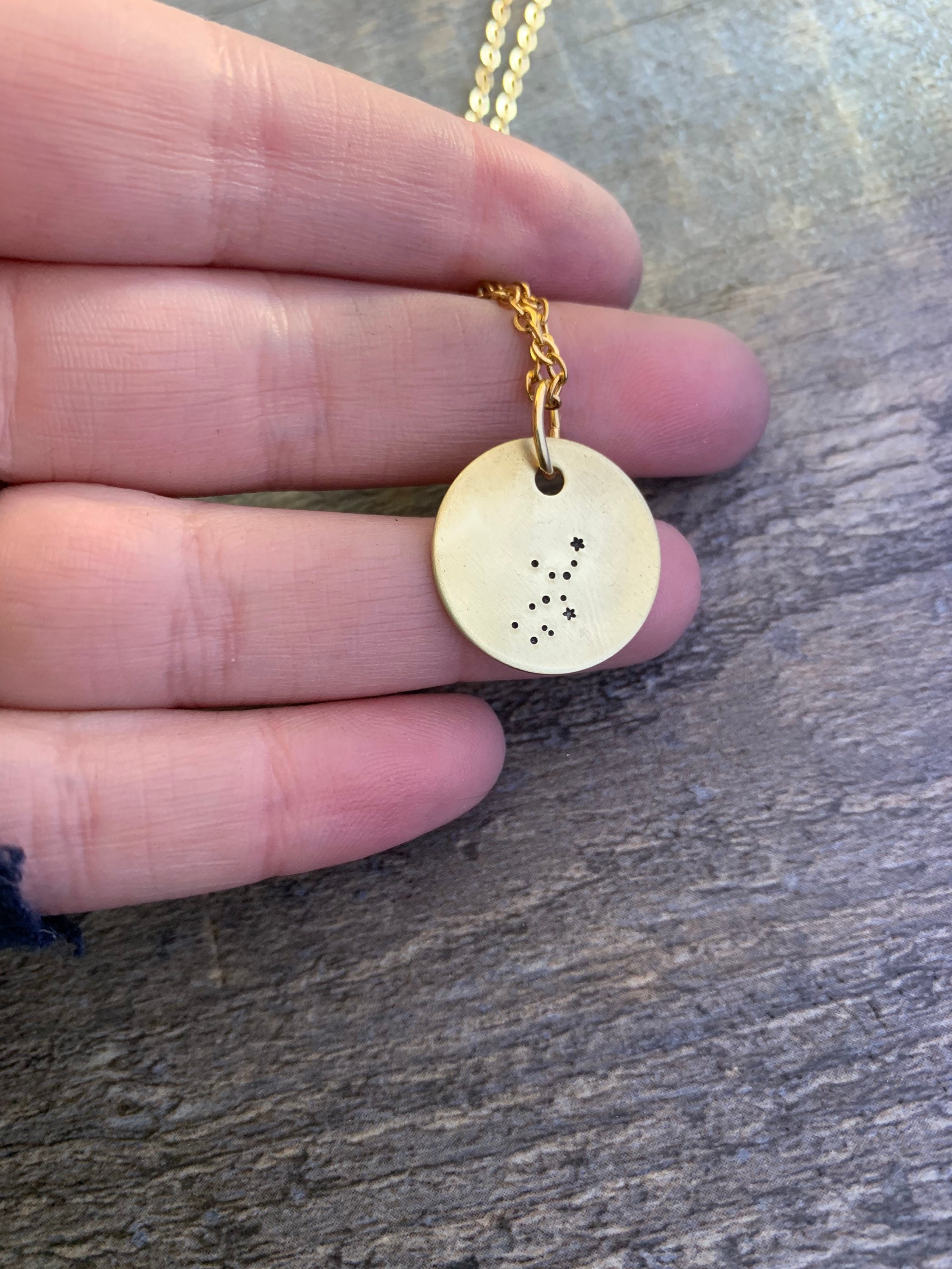 Zodiac Constellation Necklace: Hand Stamped Brass, Copper, or Aluminum Charm, view 3