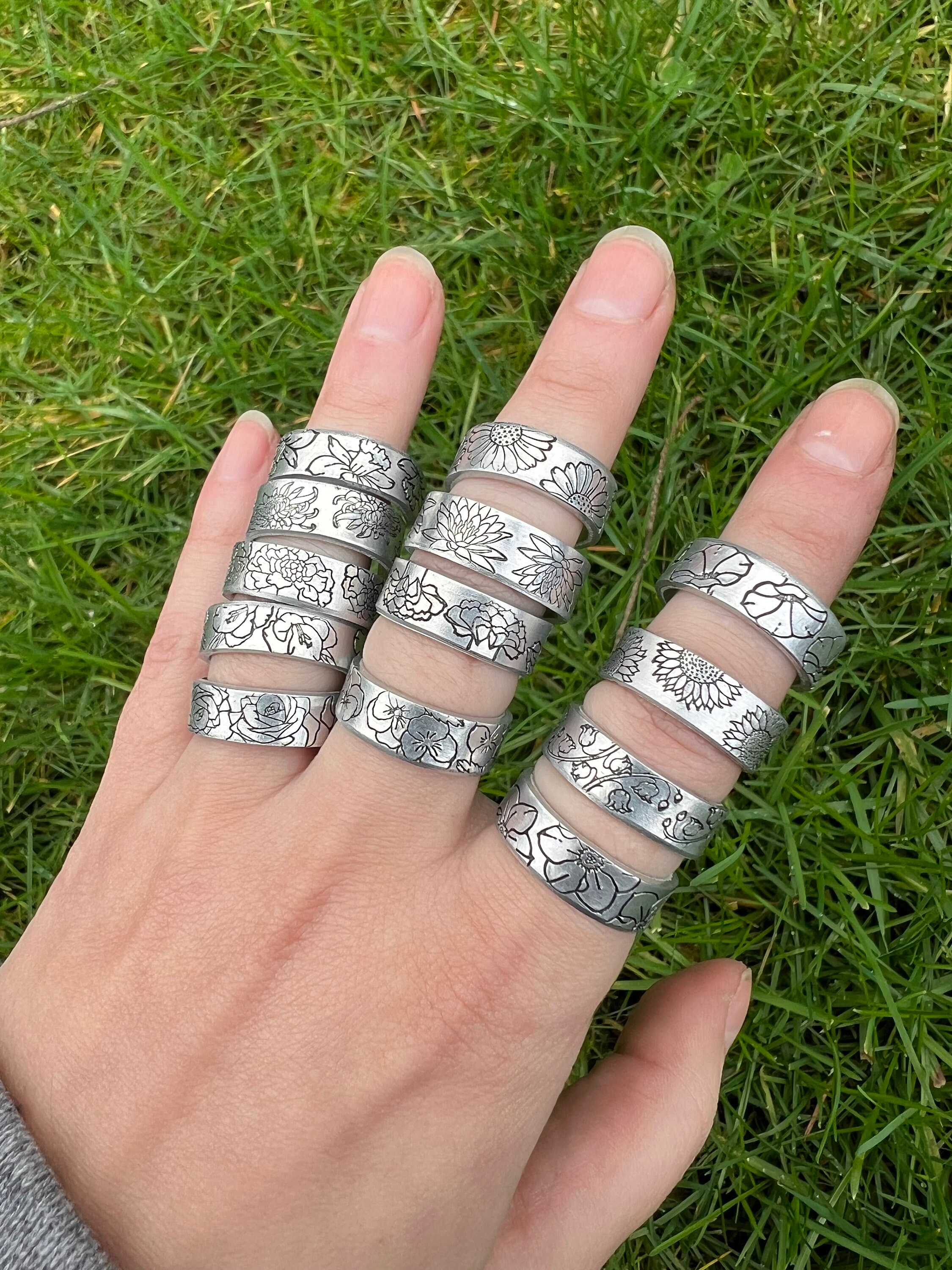 Hand Stamped Aluminum Birth Flower Ring: Wildflower Jewelry, view 2