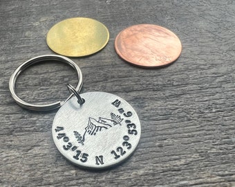 Custom Coordinates Keychain With Mountains Forest Design - Hand Stamped Latitude Longitude Keychain