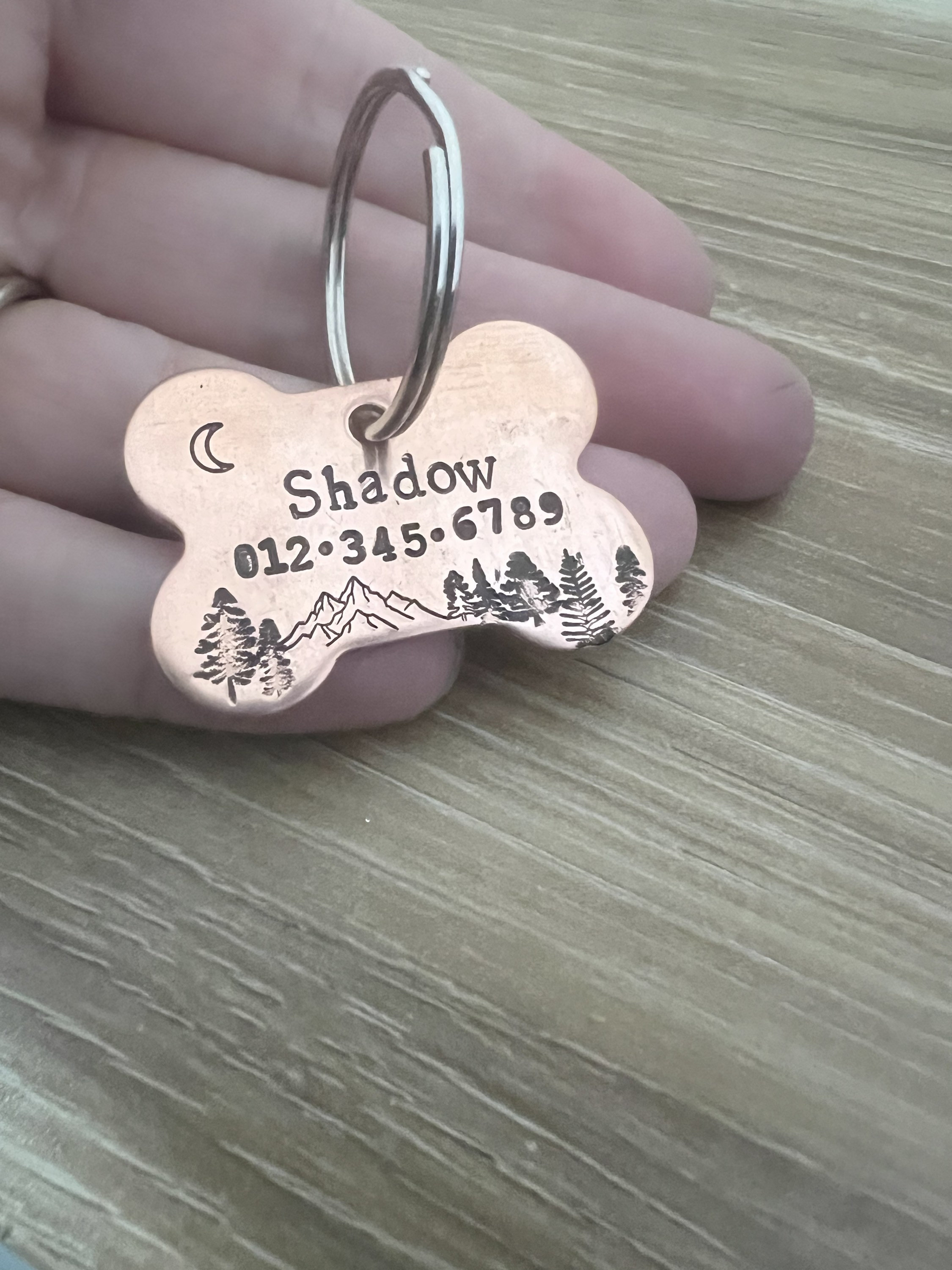 Custom Mountain and Forest Design Brass or Copper Dog Bone Pet ID Tag, view 2