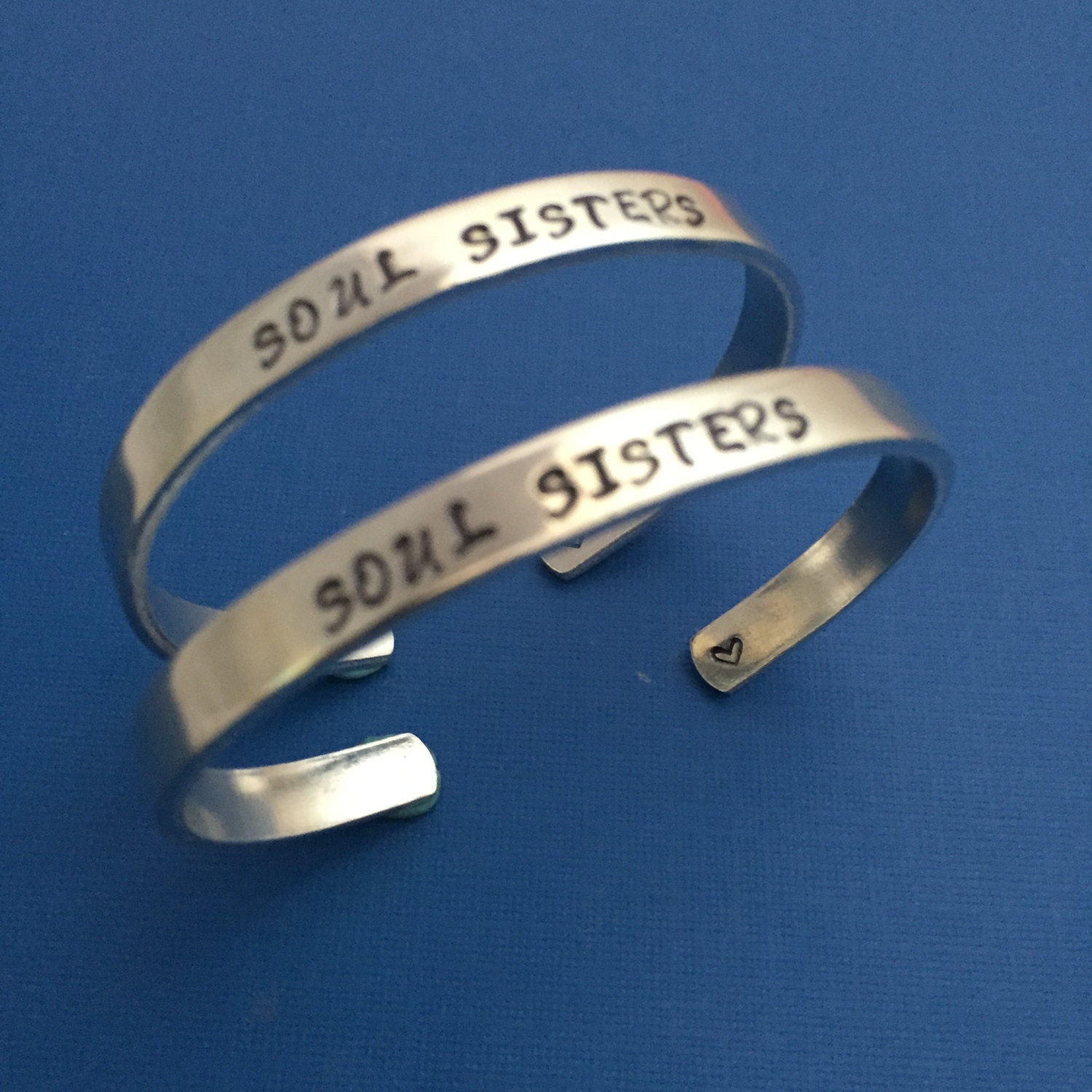 Soul Sisters -Hand Stamped Cuff Bracelets- Set of 2 Bracelets- In Aluminum, Copper, Brass, Sterling Silver- Best Friend, Sister, Bridesmaid, view 3