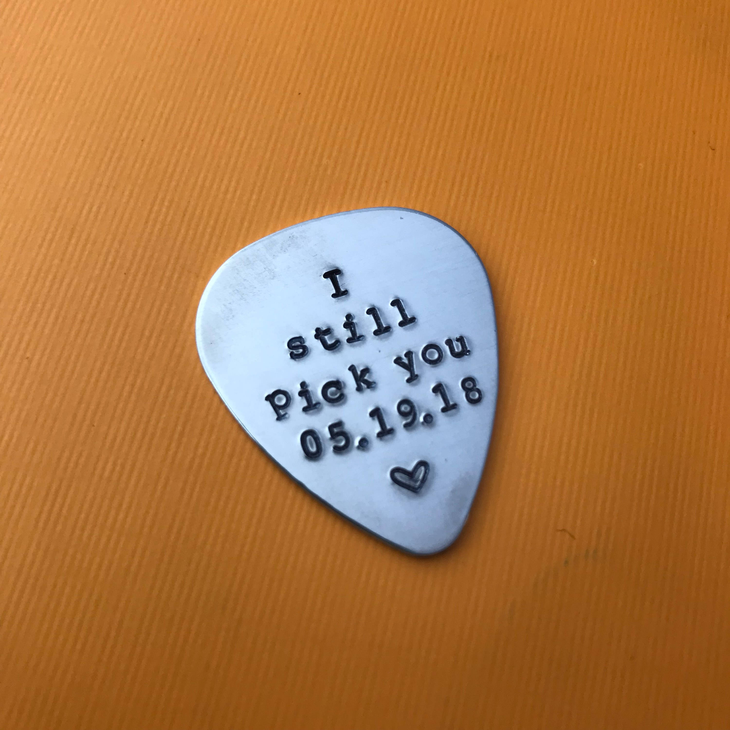 Hand Stamped Guitar Pick: Personalized Initials, Date, Brass Copper Aluminum, view 3