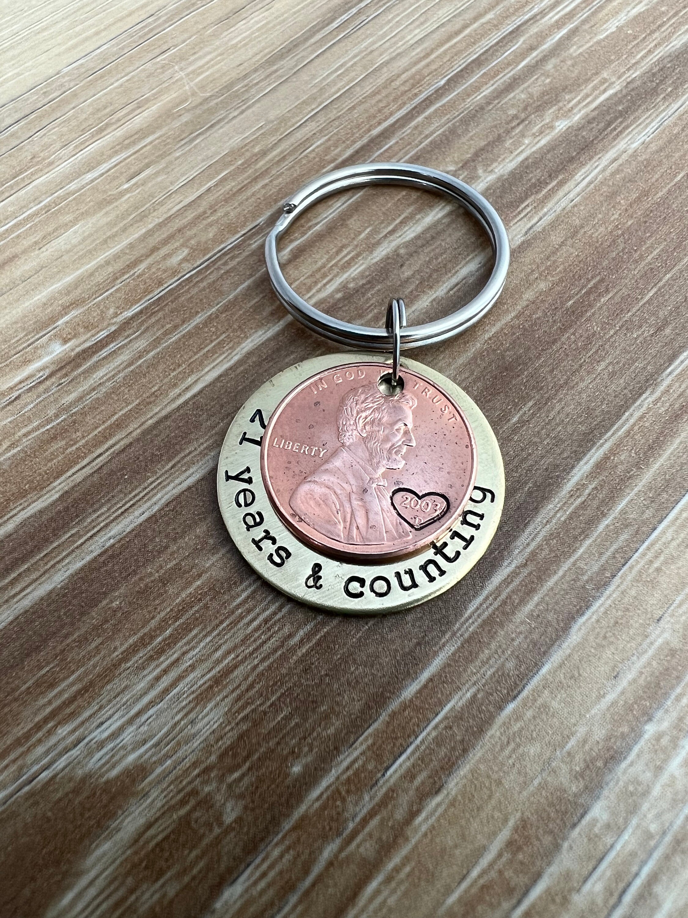 Hand Stamped Anniversary Penny Keychain: Personalized Brass Couples Gift, view 2