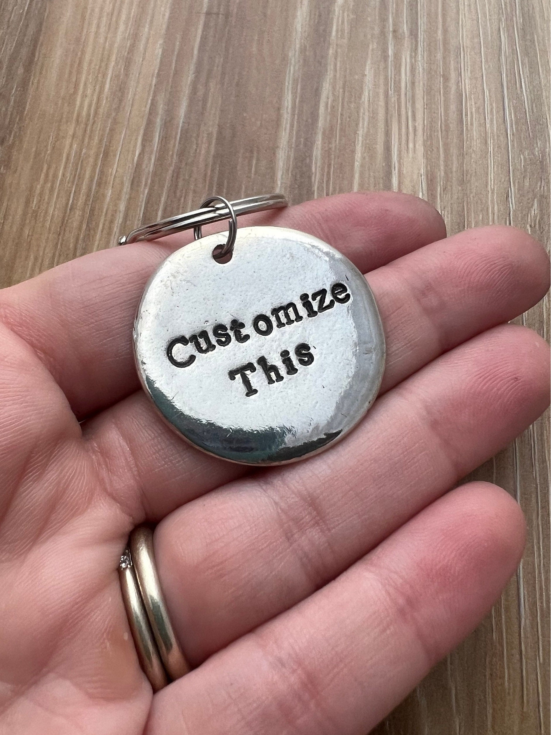 Custom Hand Stamped Pewter 1.25" Circle Keychains/Pet ID Tag- You Personalize, view 3