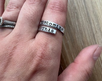 Custom Minimalist Spiral Ring- Silver Hand Stamped Aluminum- You Personalize With Your Own Phrase- Choose the Font