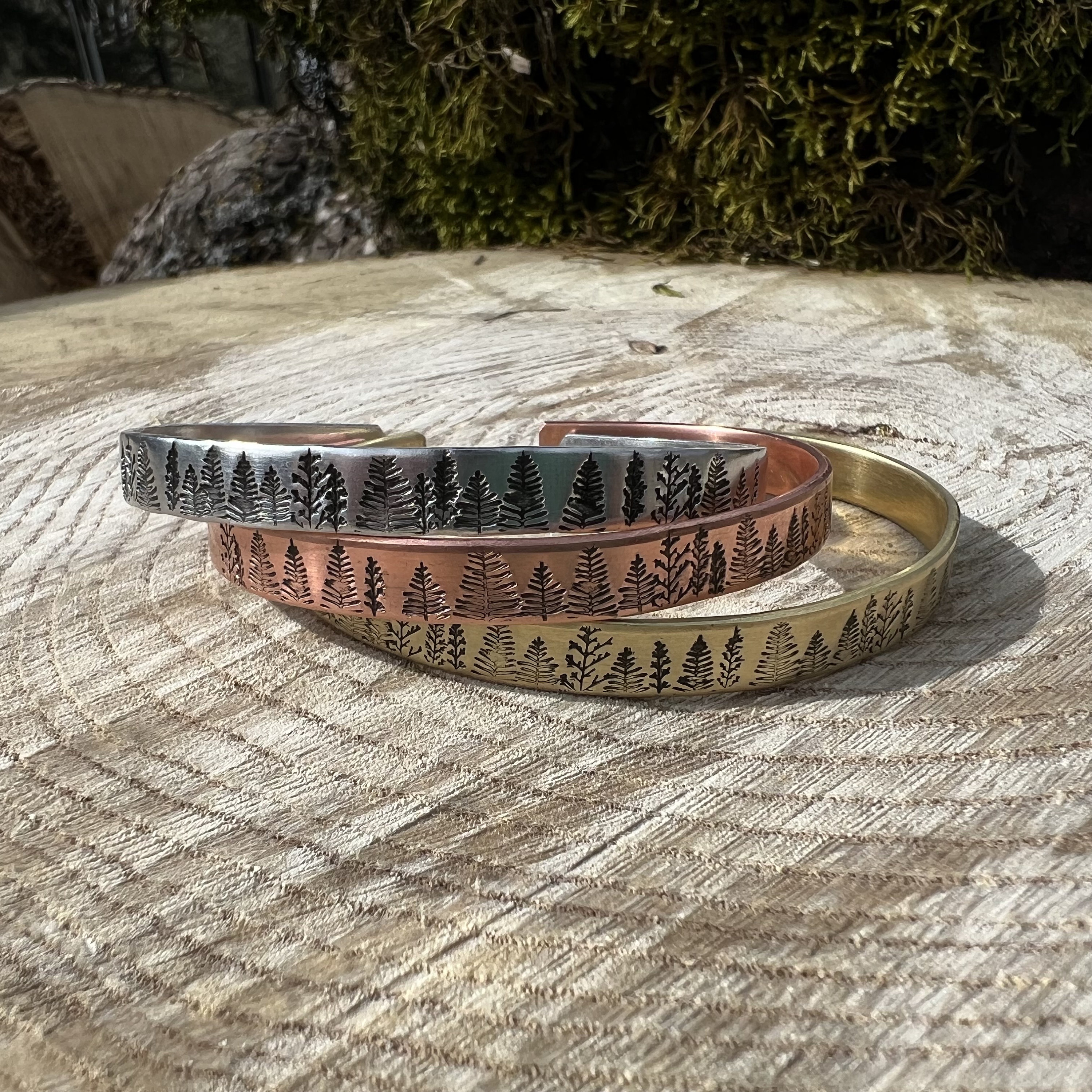 Hand Stamped Pine Tree Forest Cuff Bracelet: Personalized Hidden Message, view 3