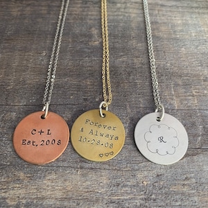 Custom Hand Stamped 1 inch Circle Necklace- Choose Your Phrase, Charm Metal and Chain