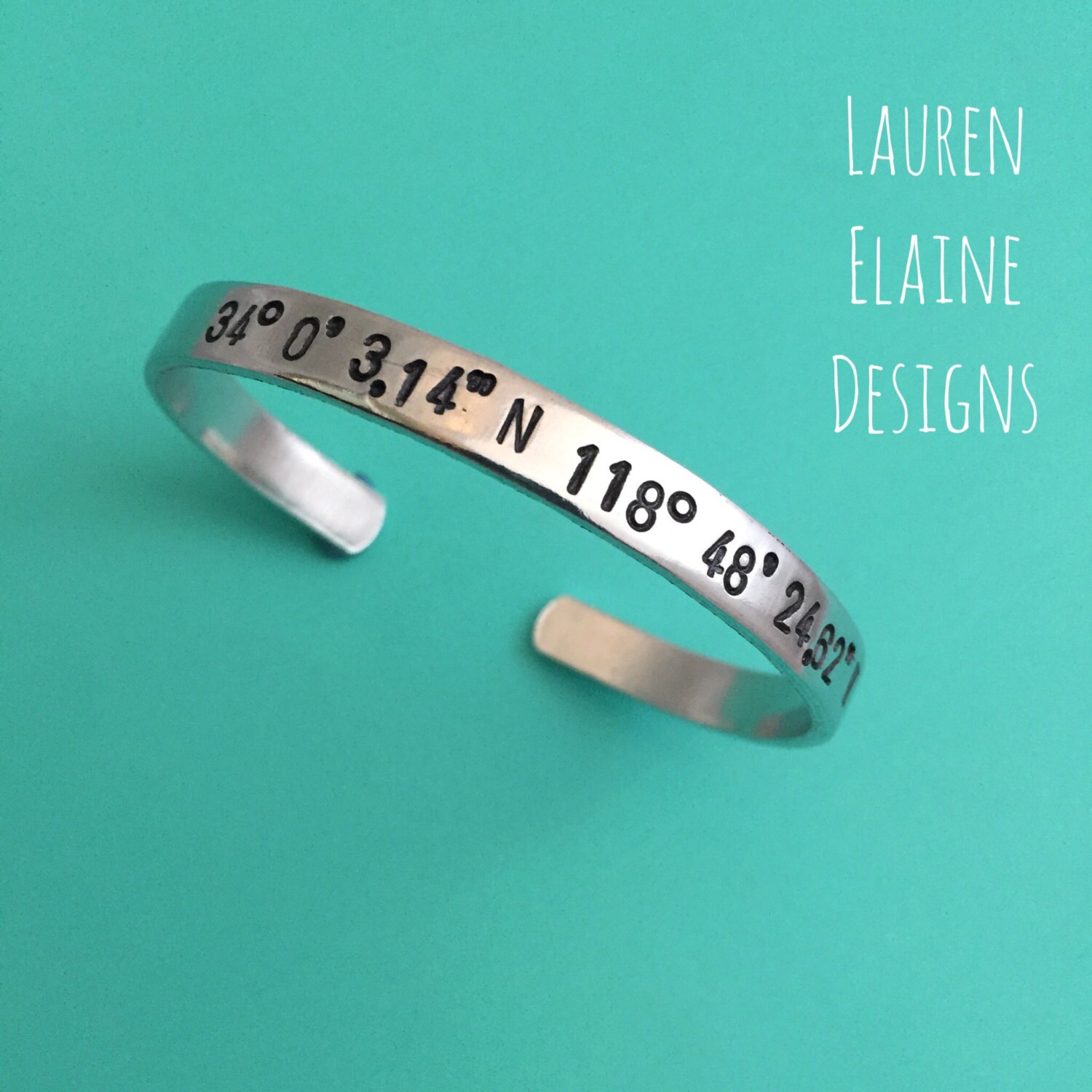 Coordinates Hand Stamped Cuff Bracelet- Latitude Longitude GPS- In Aluminum, Copper, Brass, Sterling Silver, view 2