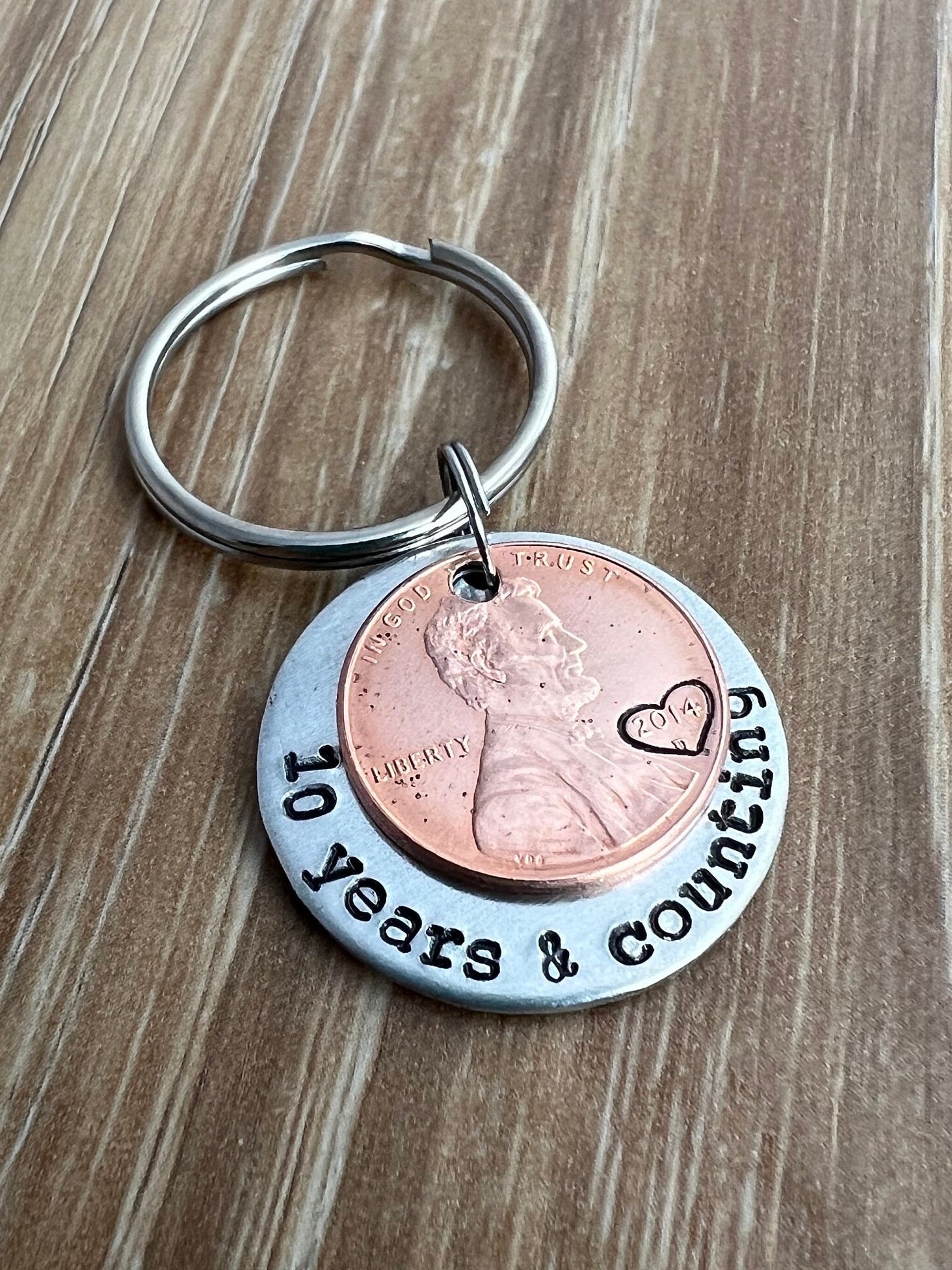 Hand Stamped Anniversary Penny Keychain: Personalized Aluminum Couples Gift