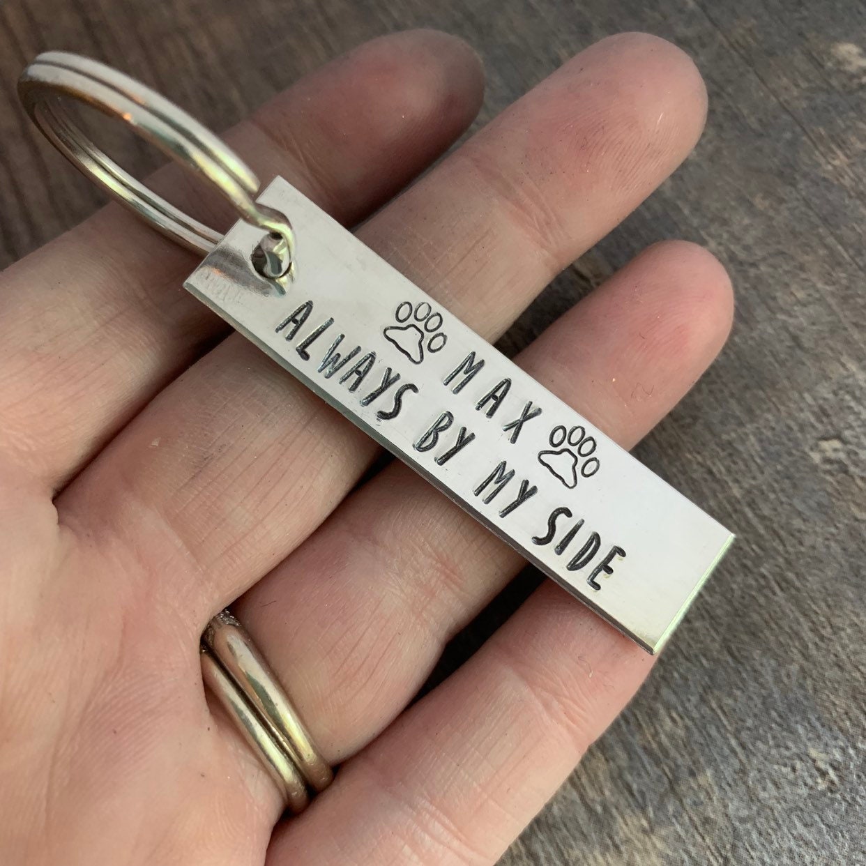 Custom Name "Always By My Side" Hand Stamped Pet Memorial Keychain, view 2