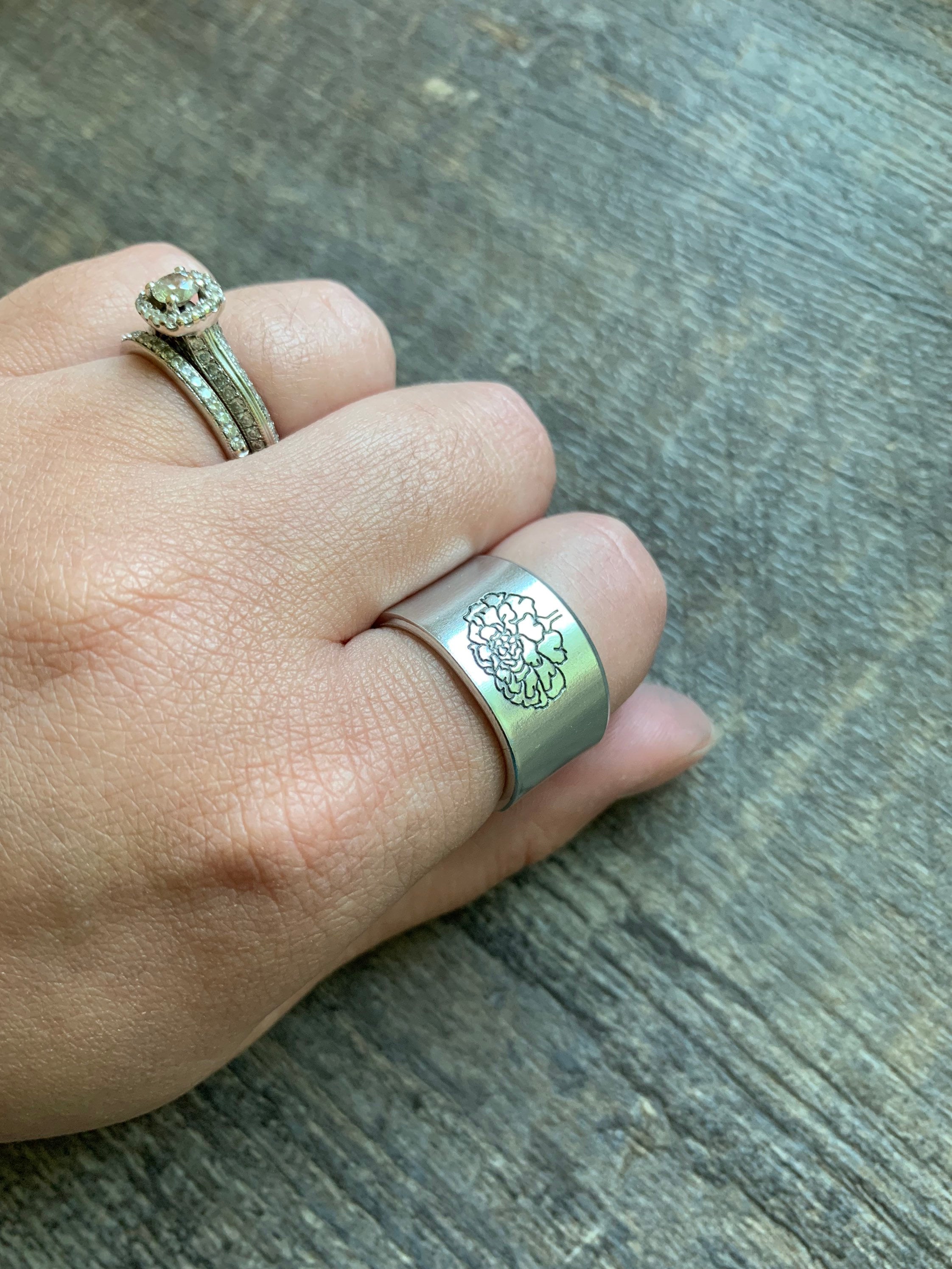 Birth Flower Hand Stamped Aluminum Ring, view 2